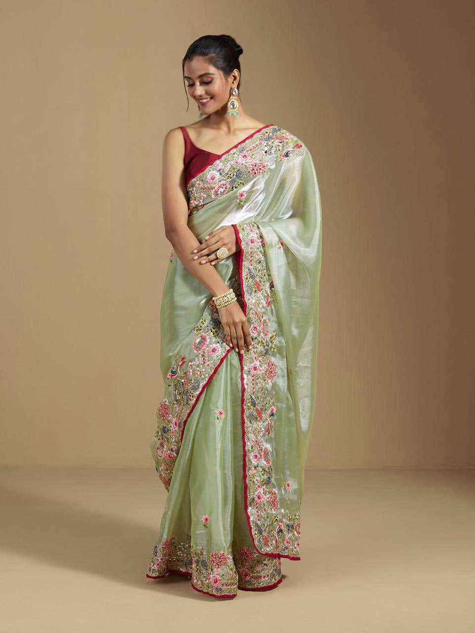Teeya Creation Green Color Organza Silk Heavy Work Saree