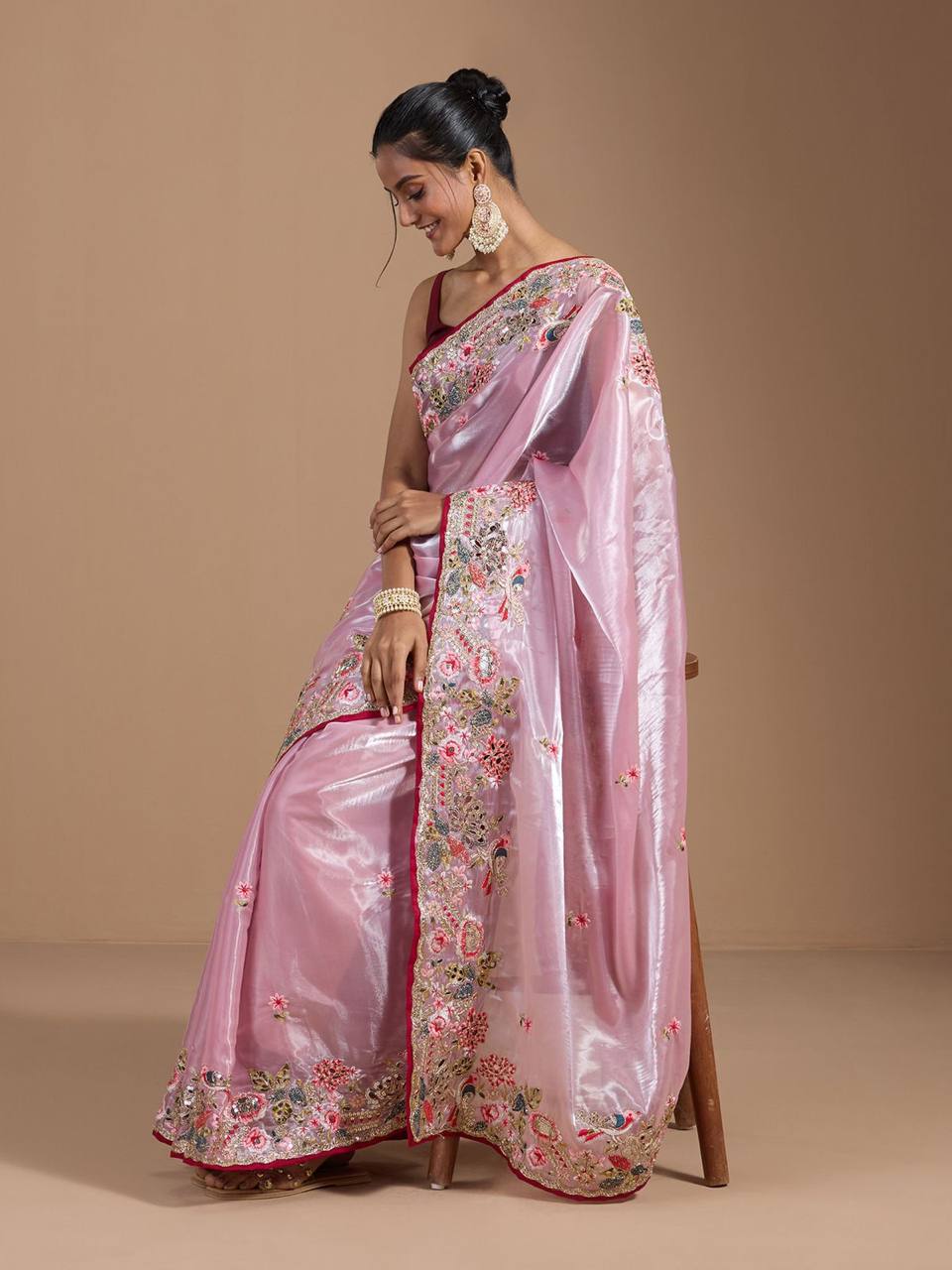 Teeya Creation Pink Color Organza Silk Heavy Work Saree