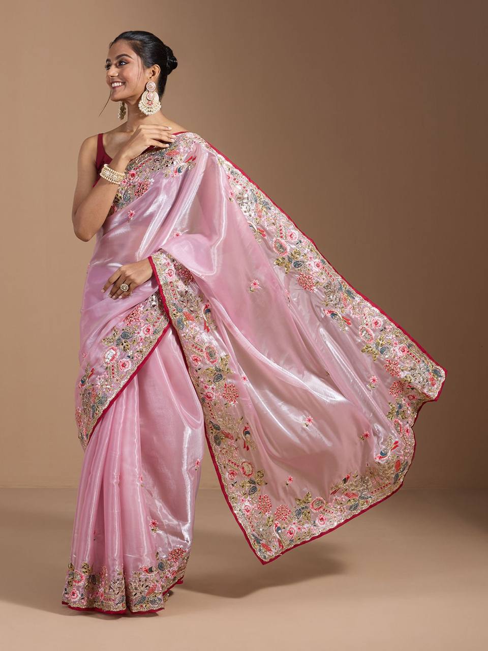 Teeya Creation Pink Color Organza Silk Heavy Work Saree