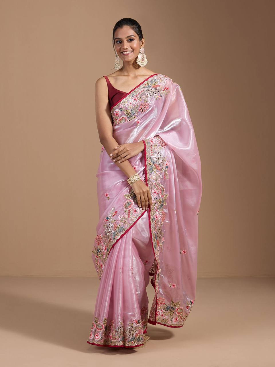 Teeya Creation Pink Color Organza Silk Heavy Work Saree