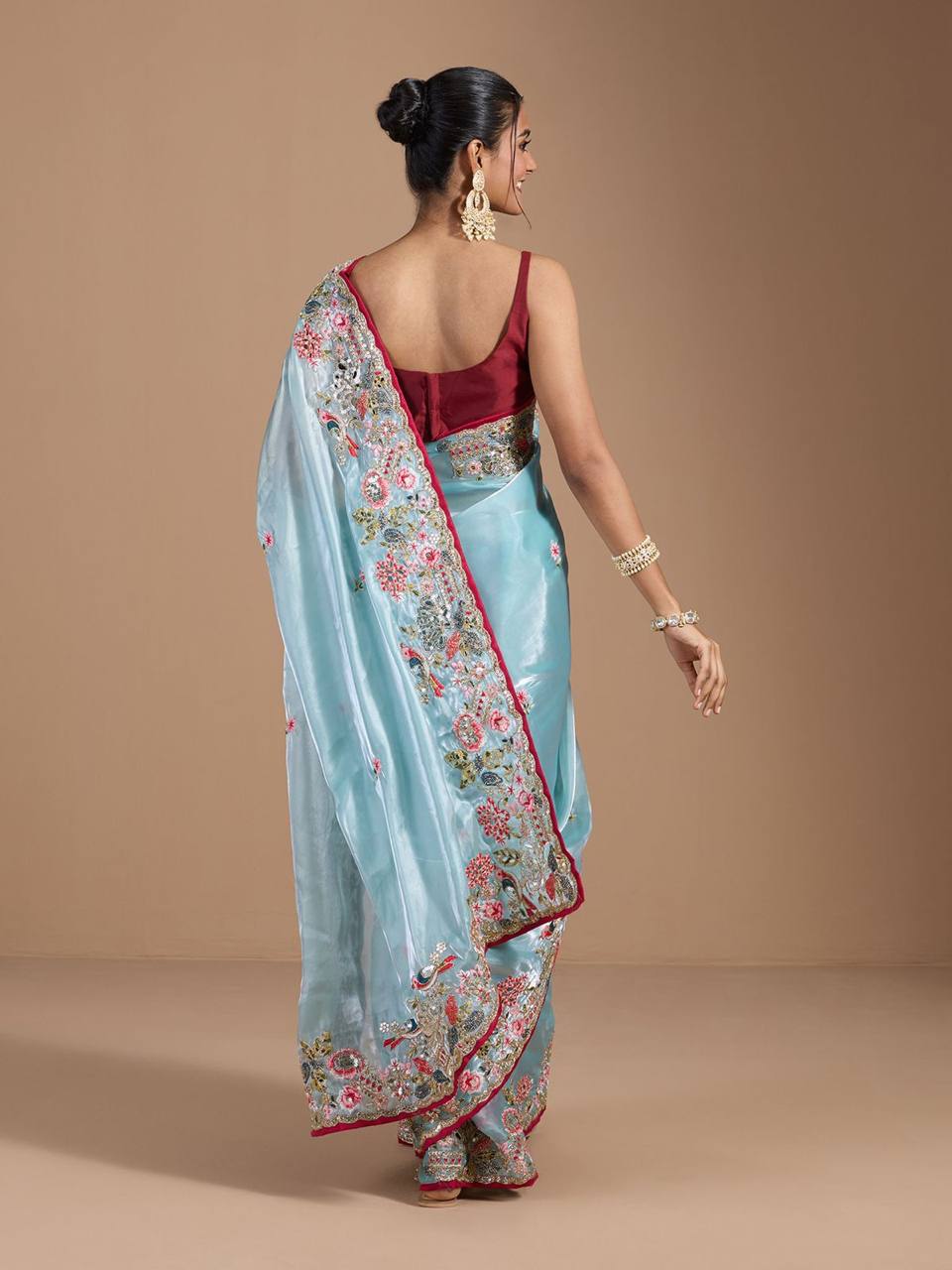 Teeya Creation Sky Color Organza Silk Heavy Work Saree