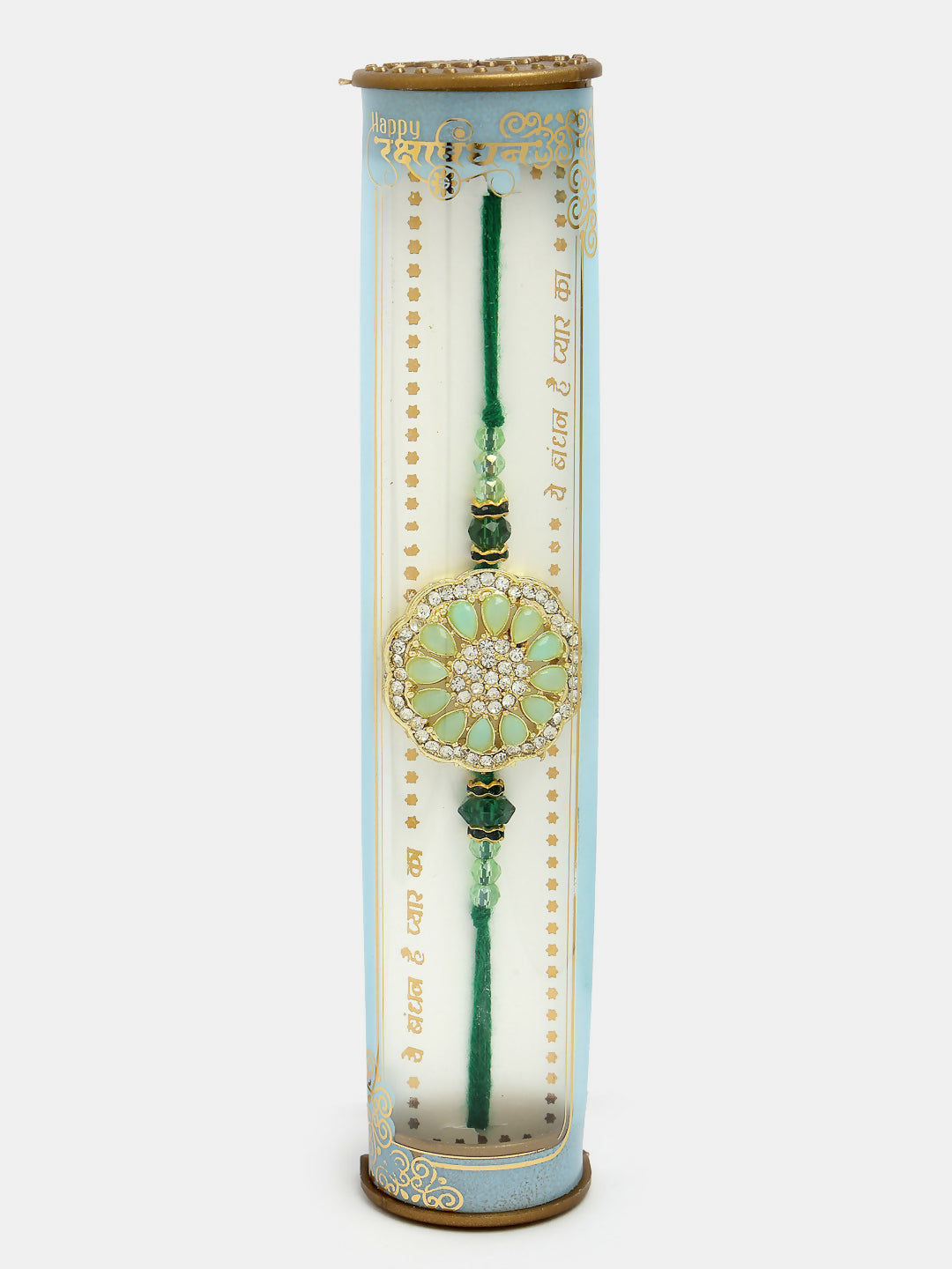 NVR Men Green Stone-Studded Rakhi With Roli Chawal