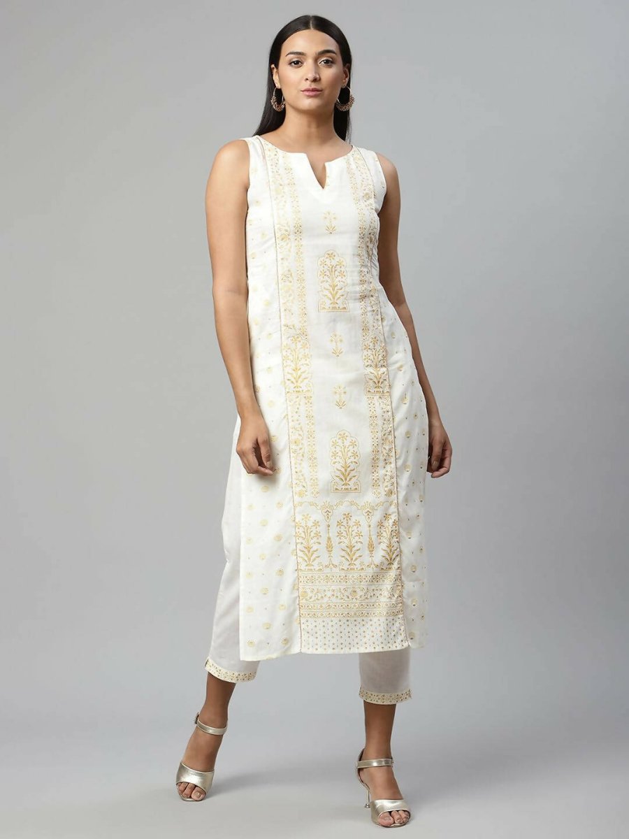Ahalyaa Womens Off White Pure Cotton Printed Kurta Pant Set