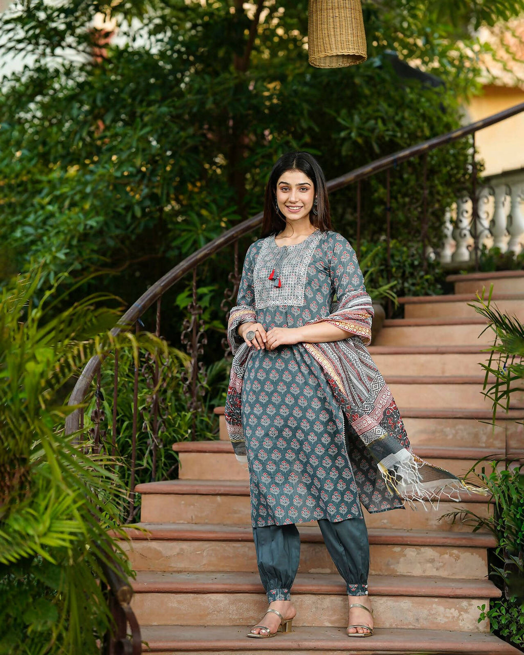 Juniper Women's Grey Cotton Printed Straight Kurta Pant Dupatta Set