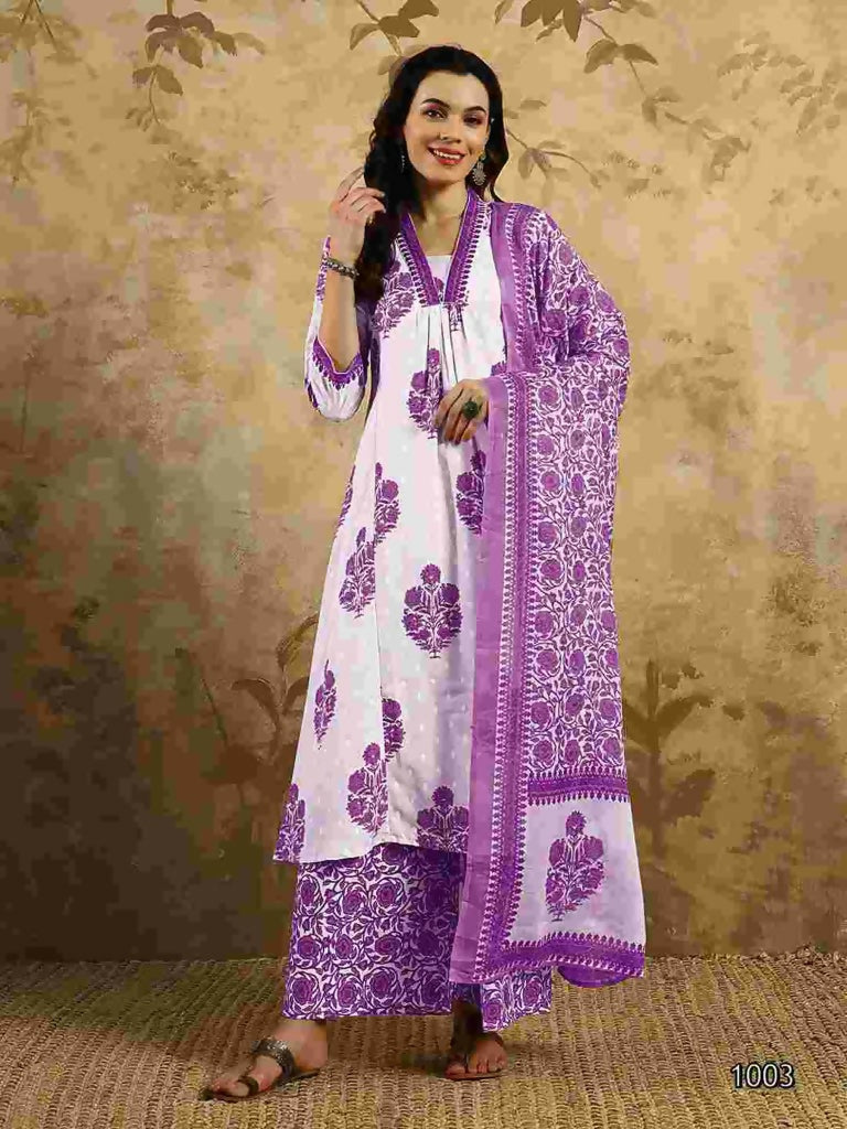 Purple Cotton Blend Printed Anarkali Suit with Dupatta - Rashmika