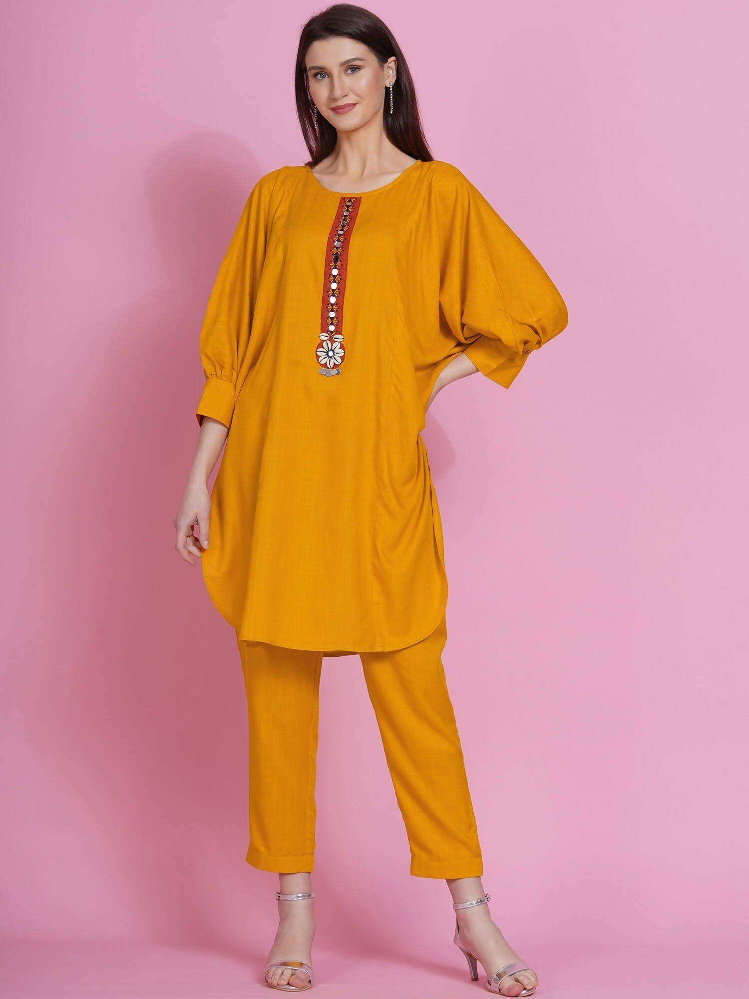Women Republic Yellow Rayon Boxed Kurta With Pants