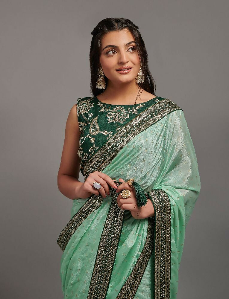PR Fashion Pista Chinon Embroidery Lace Saree