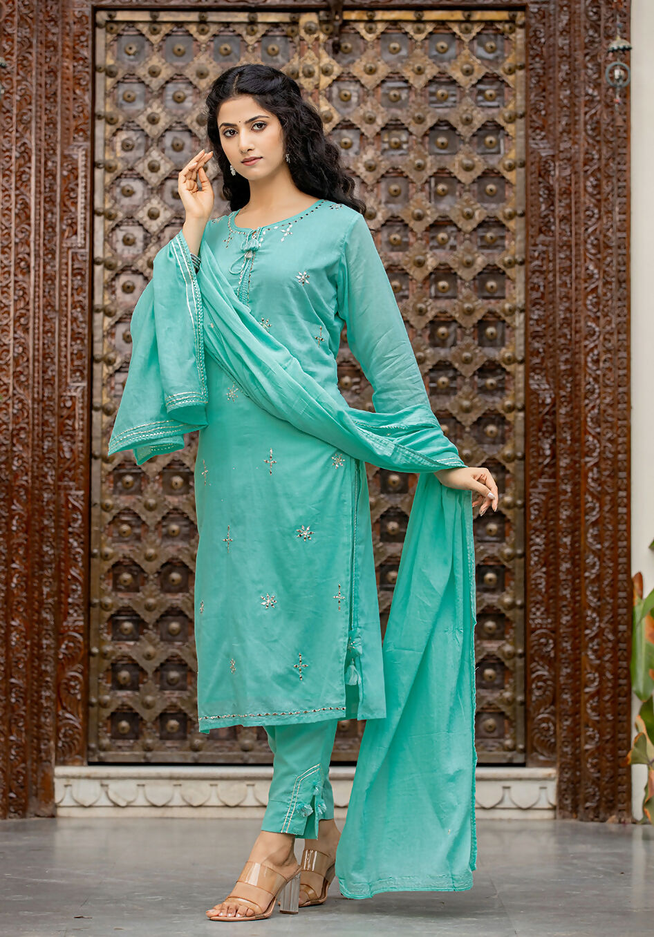 Kaajh Women's Sky Blue Mirror Embellished Cotton Suit Set