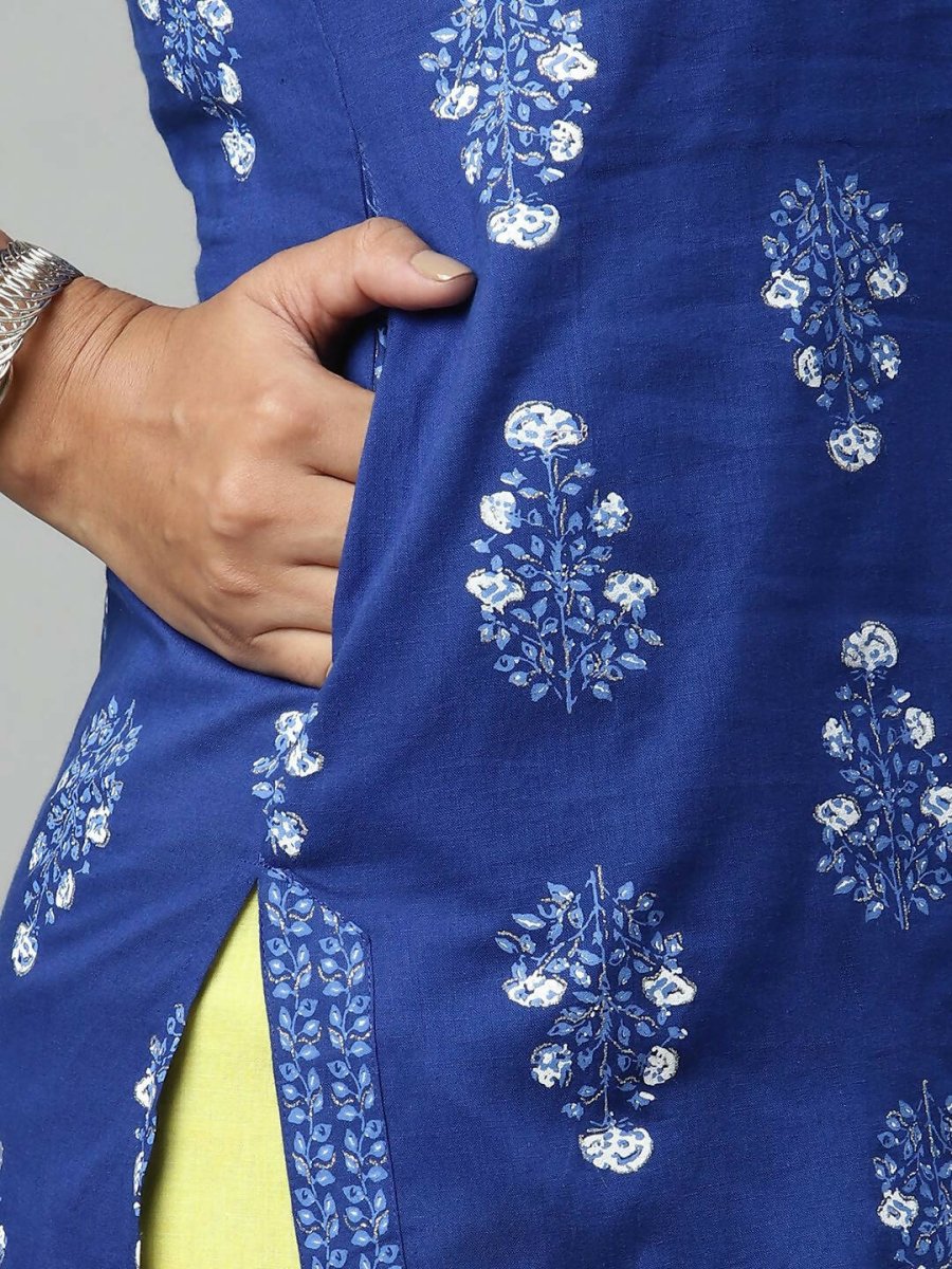 Ahalyaa Womens Royal Blue Pure Cotton Printed Tunic Sharara Set
