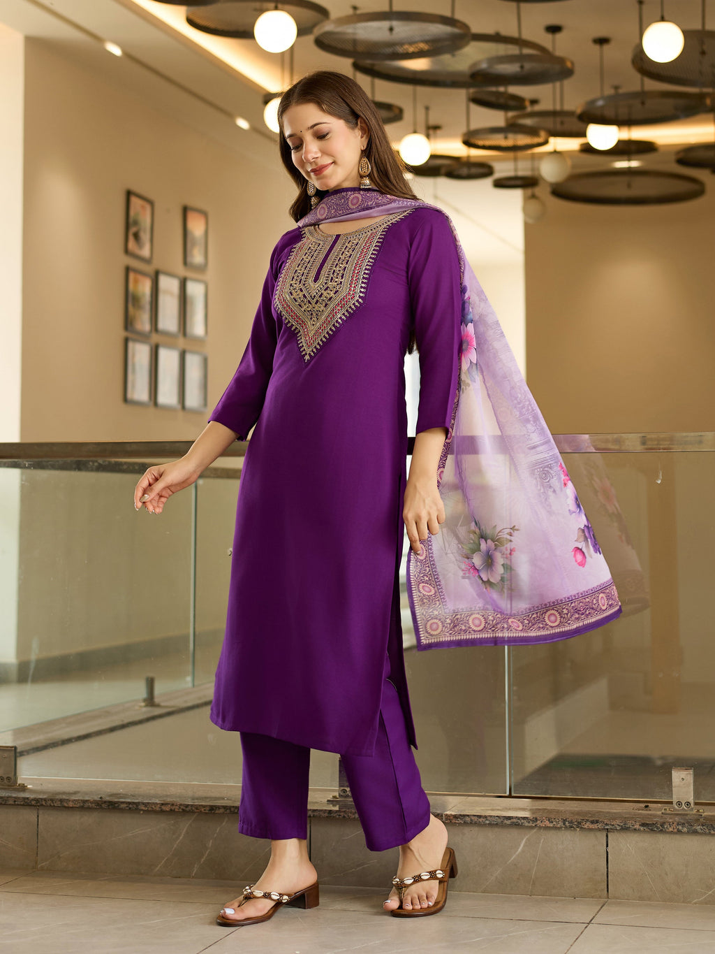 The52 Embroidered Rayon Fabric Straight Kurta, Pant and Dupatta Set