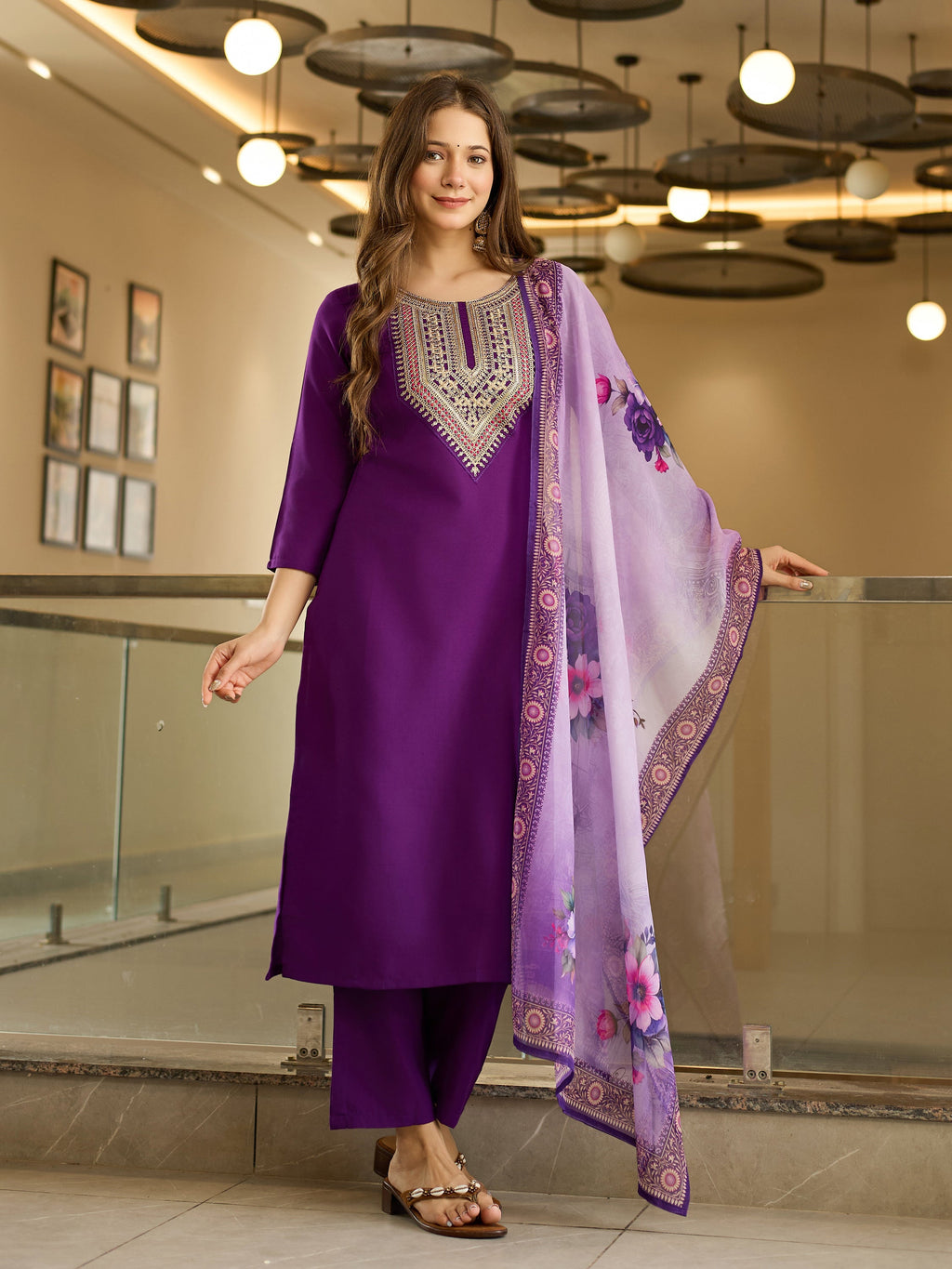 The52 Embroidered Rayon Fabric Straight Kurta, Pant and Dupatta Set
