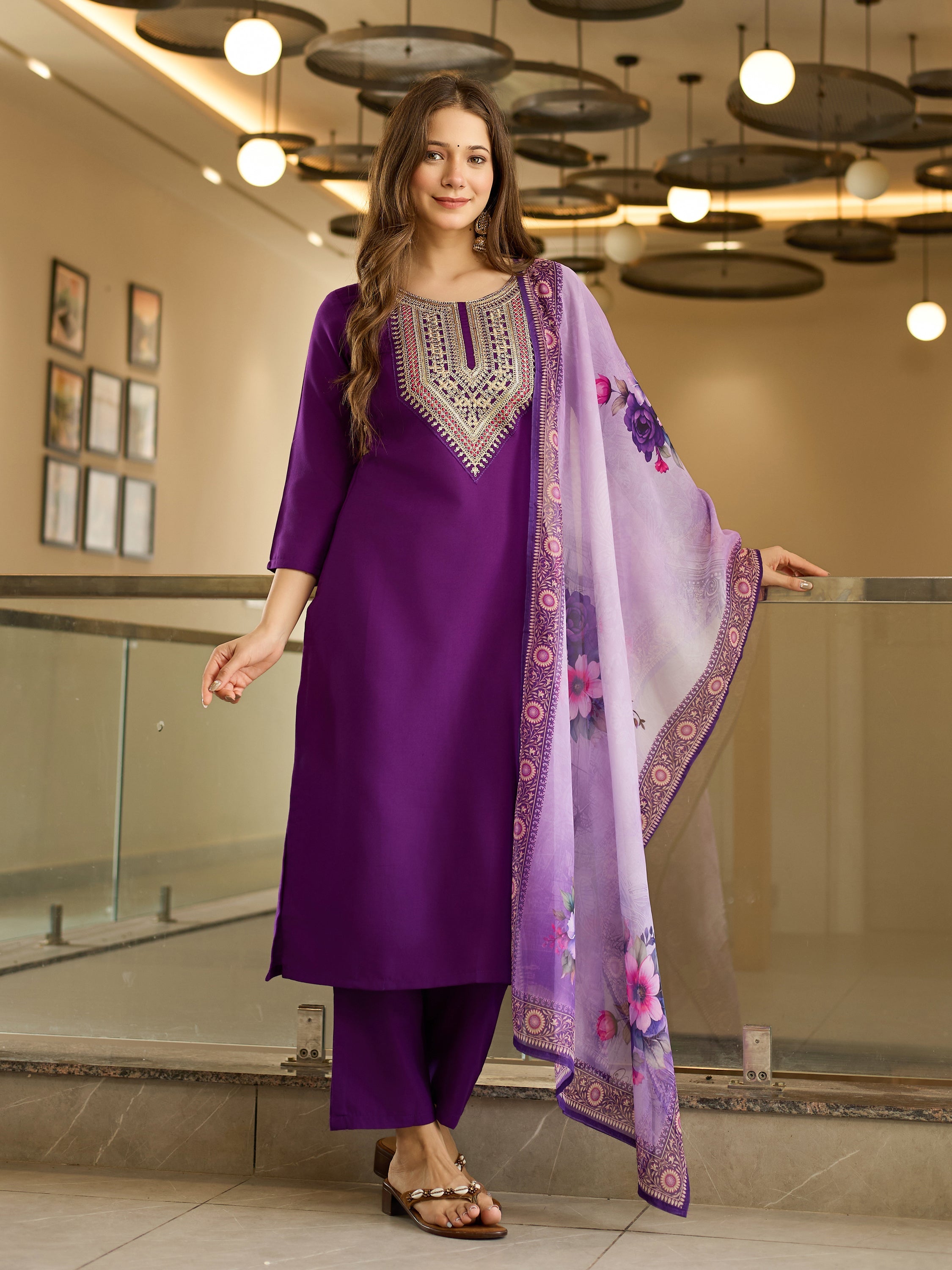 The52 Embroidered Rayon Fabric Straight Kurta, Pant and Dupatta Set