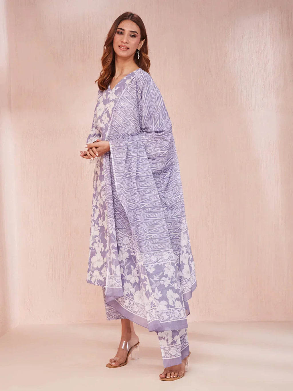 Yufta Purple And White Floral Print Lese Sleeves V-Neck Straight Kurta Trouser Set