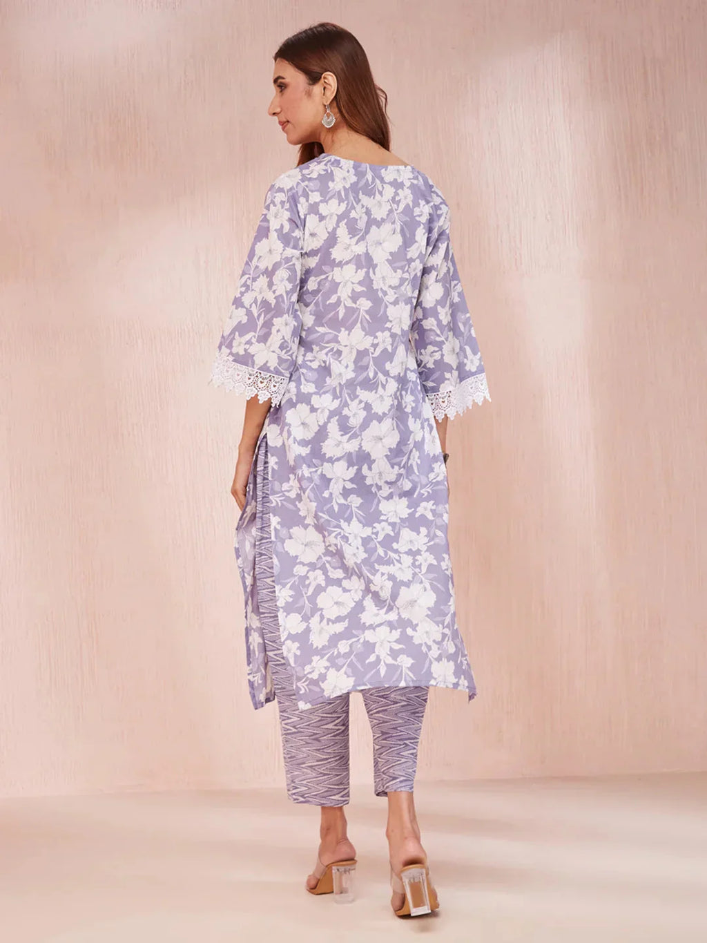 Yufta Purple And White Floral Print Lese Sleeves V-Neck Straight Kurta Trouser Set