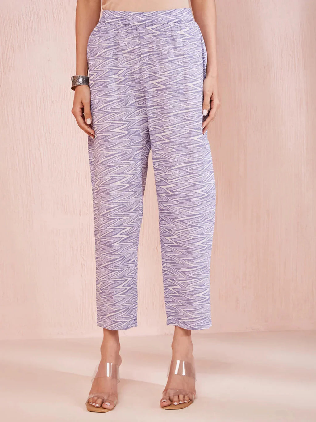 Yufta Purple And White Floral Print Lese Sleeves V-Neck Straight Kurta Trouser Set