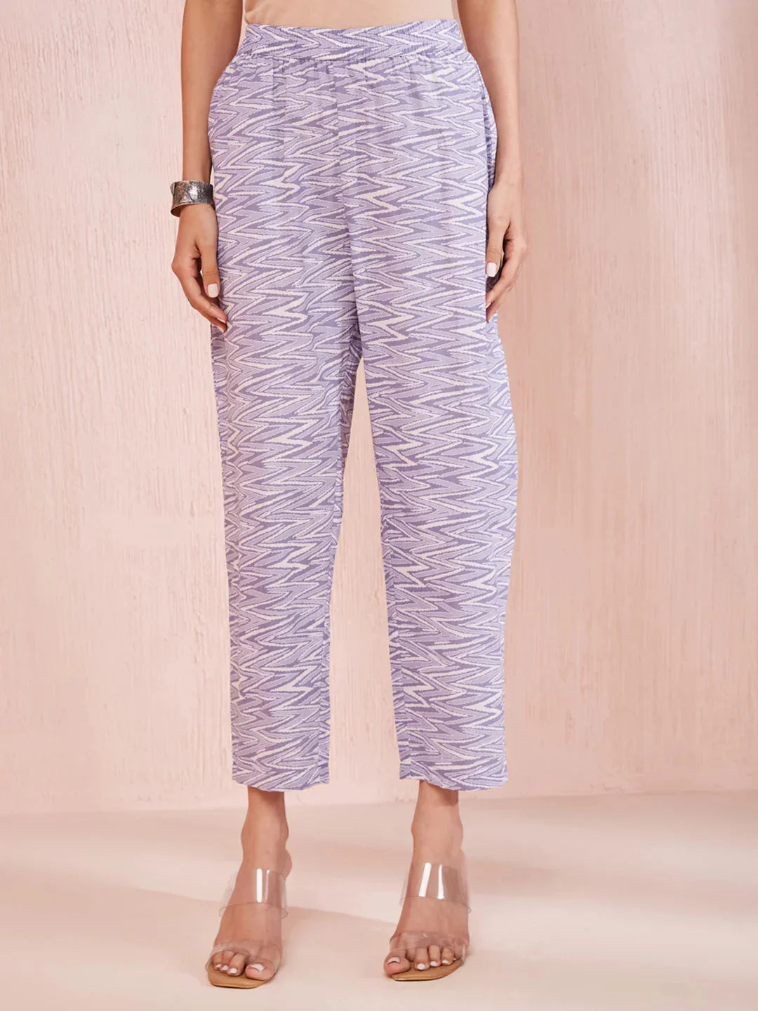 Yufta Purple And White Floral Print Lese Sleeves V-Neck Straight Kurta Trouser Set