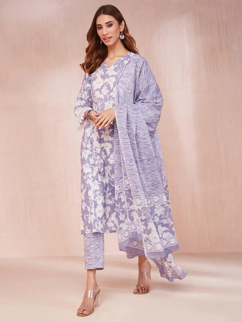 Yufta Purple And White Floral Print Lese Sleeves V-Neck Straight Kurta Trouser Set