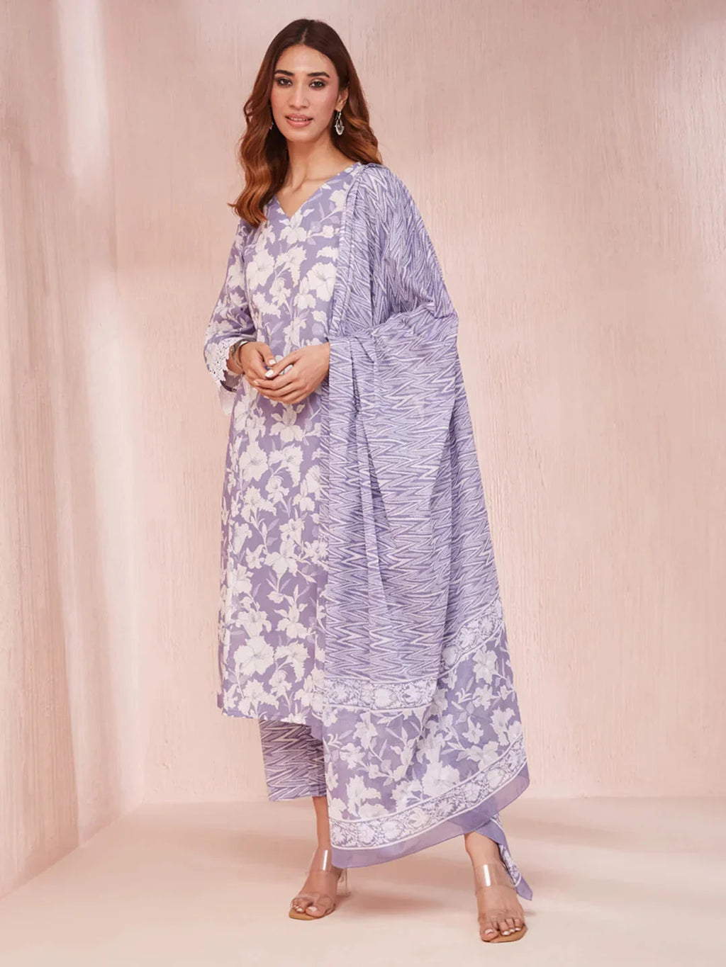 Yufta Purple And White Floral Print Lese Sleeves V-Neck Straight Kurta Trouser Set