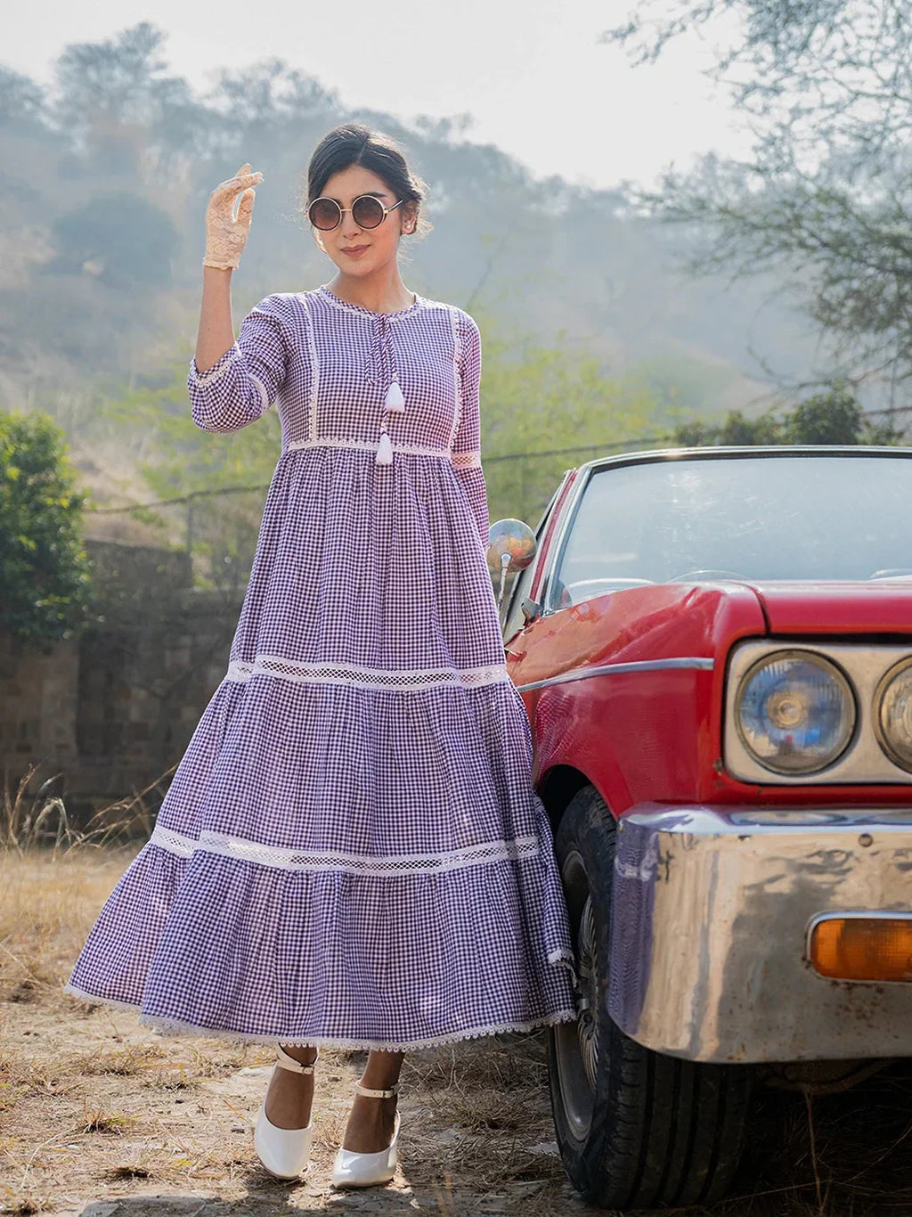 Yufta Purple Cotton Check Tiered Dress
