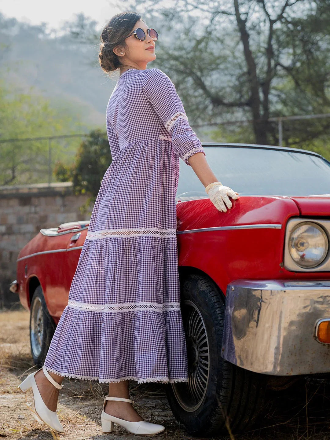 Yufta Purple Cotton Check Tiered Dress