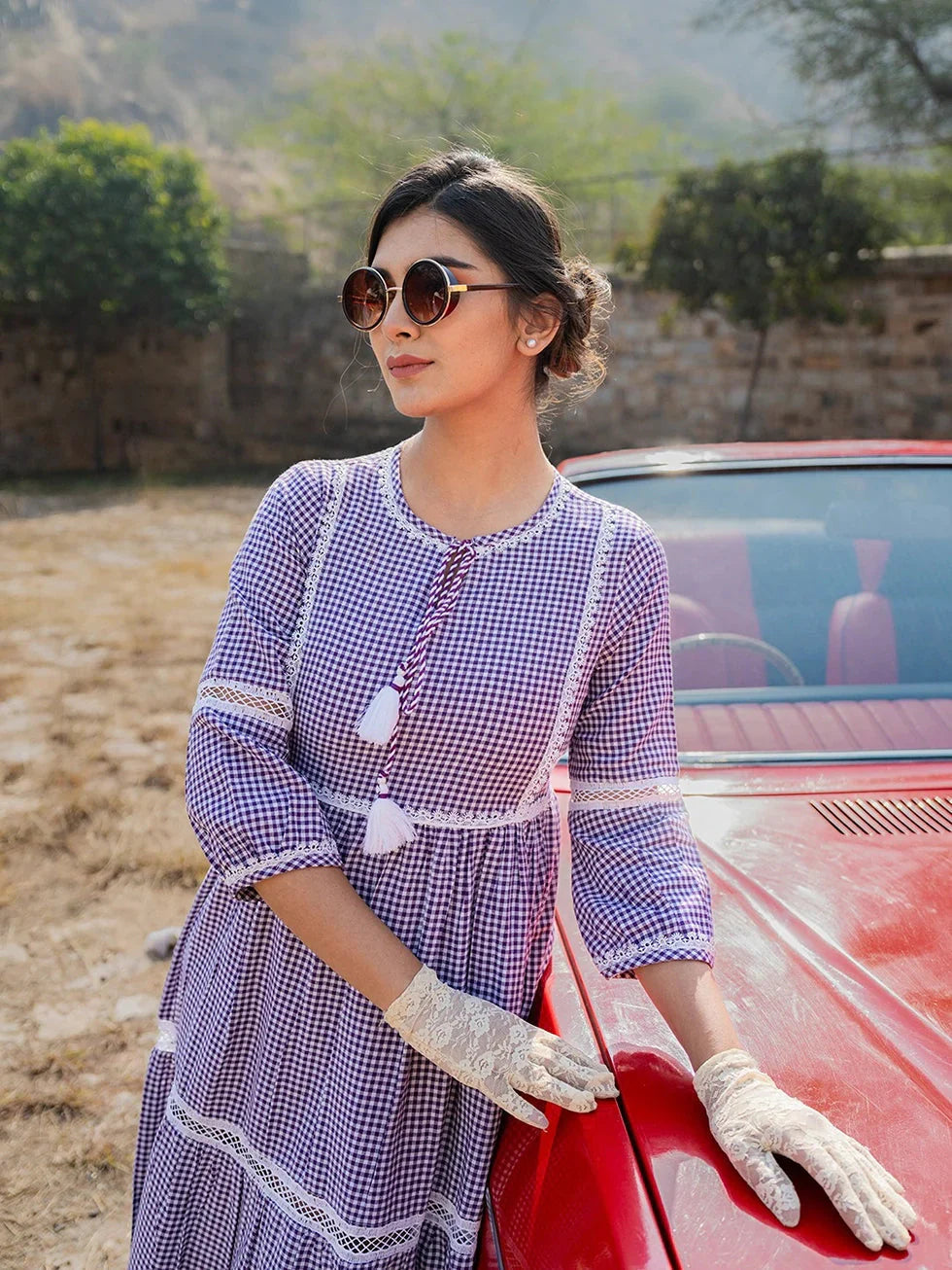 Yufta Purple Cotton Check Tiered Dress