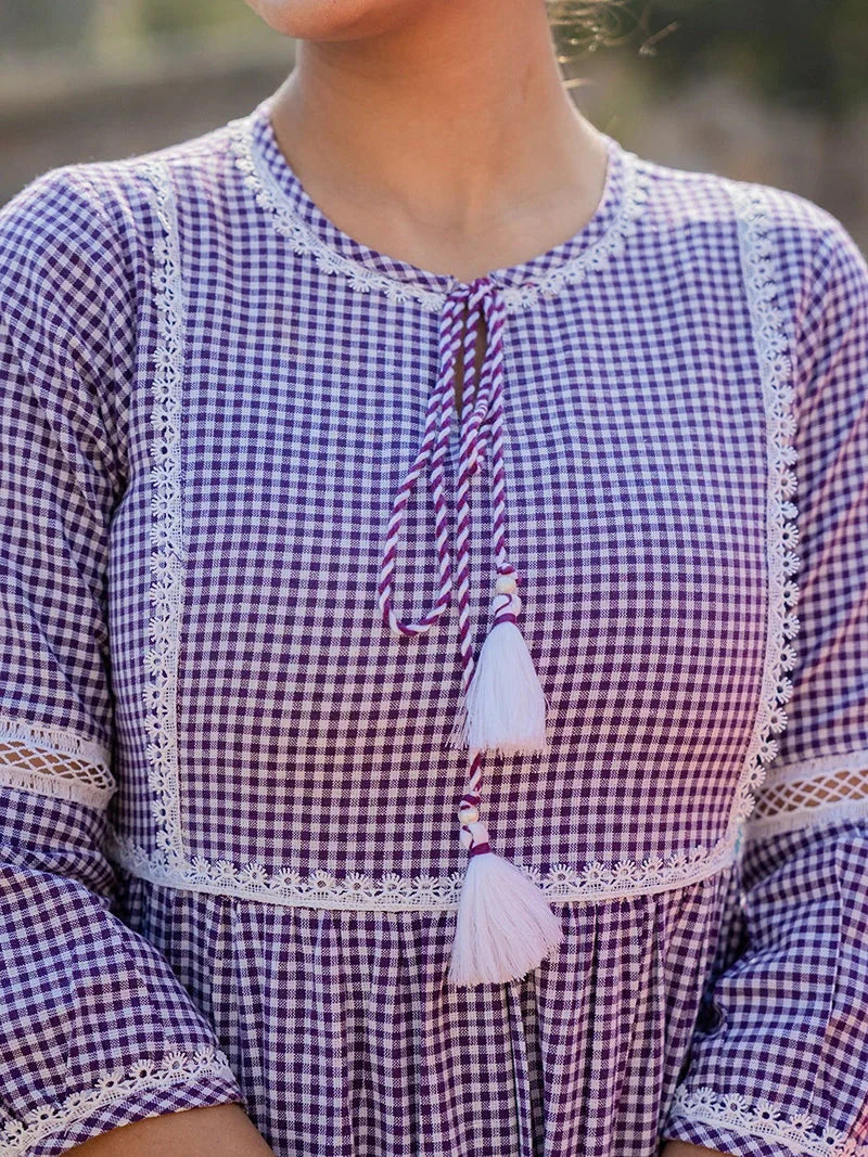 Yufta Purple Cotton Check Tiered Dress