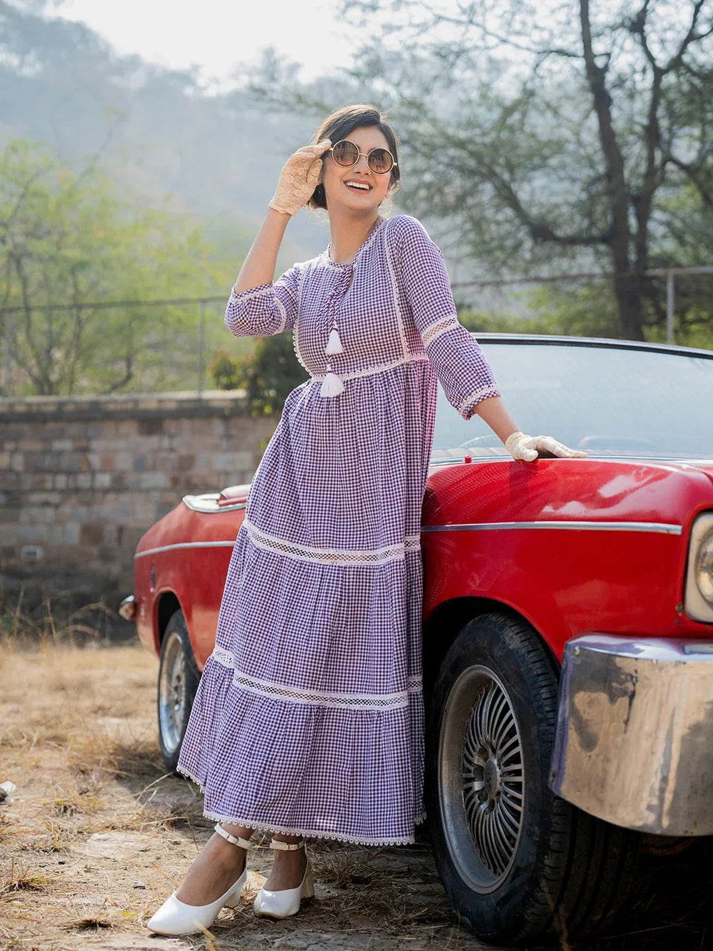 Yufta Purple Cotton Check Tiered Dress