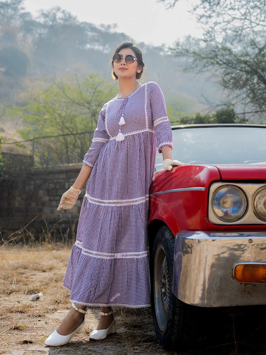 Yufta Purple Cotton Check Tiered Dress