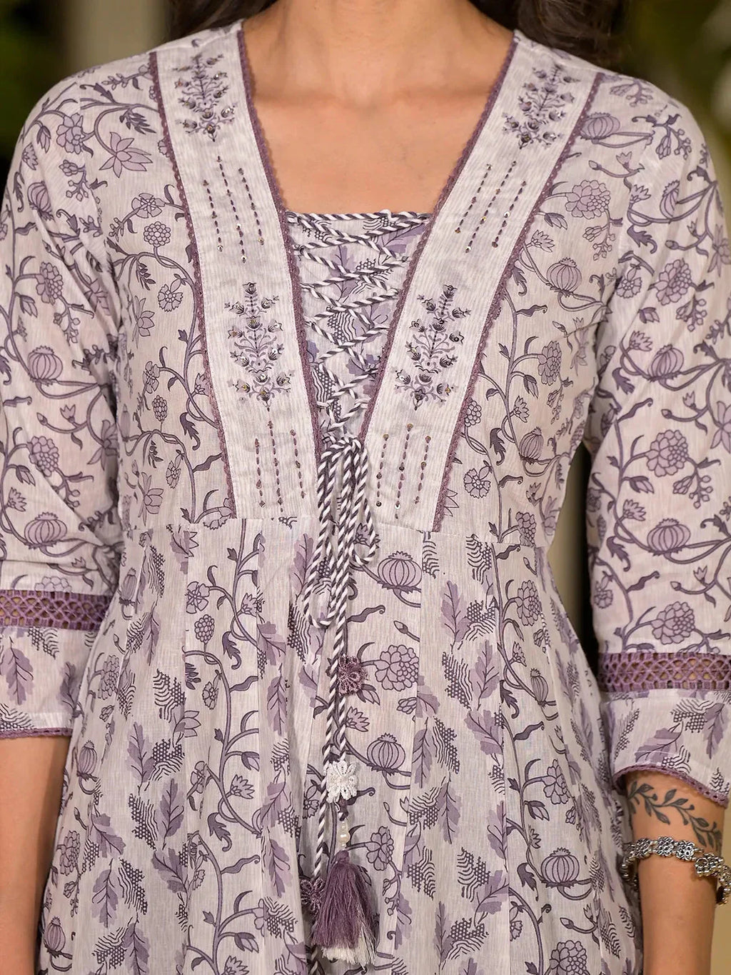 Yufta Purple Floral Print Kantha Work A-Line Dori Work Dress