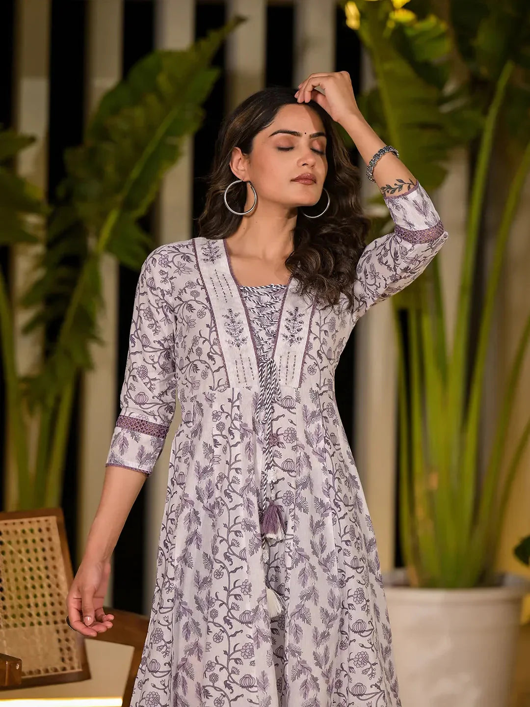 Yufta Purple Floral Print Kantha Work A-Line Dori Work Dress