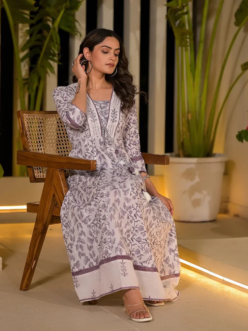 Yufta Purple Floral Print Kantha Work A-Line Dori Work Dress