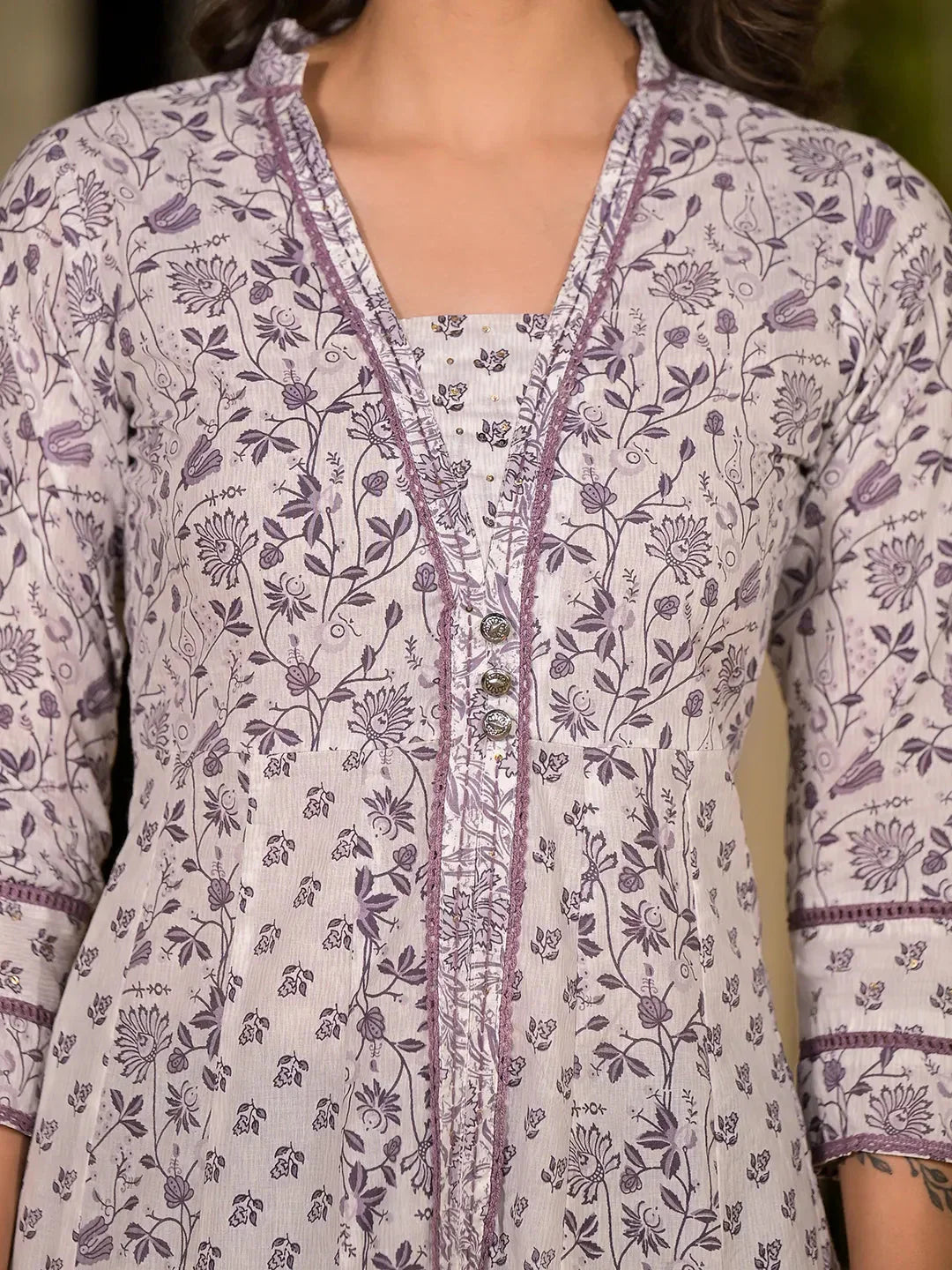 Yufta Purple Floral Print Kantha Work A-Line Dress