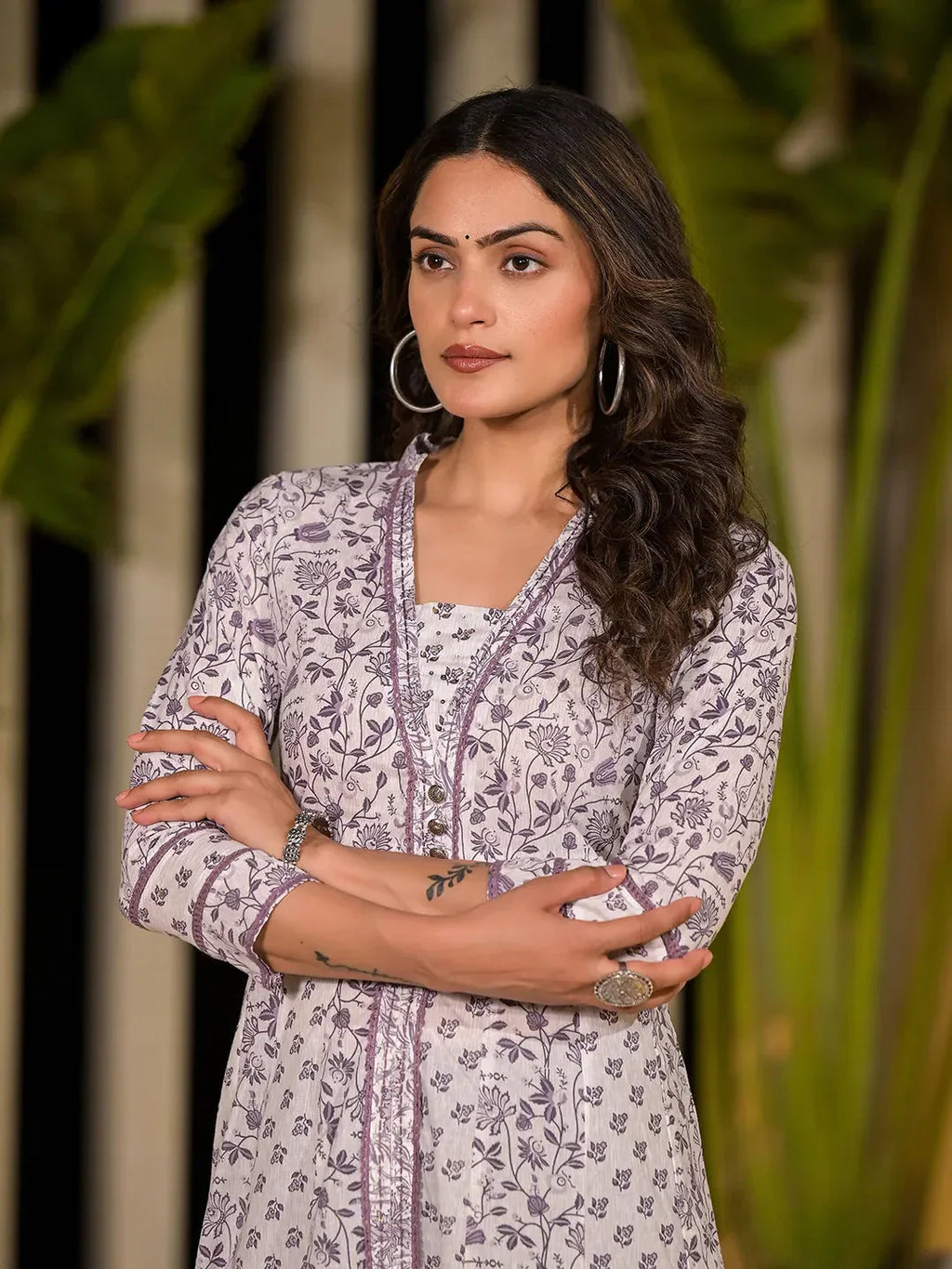 Yufta Purple Floral Print Kantha Work A-Line Dress