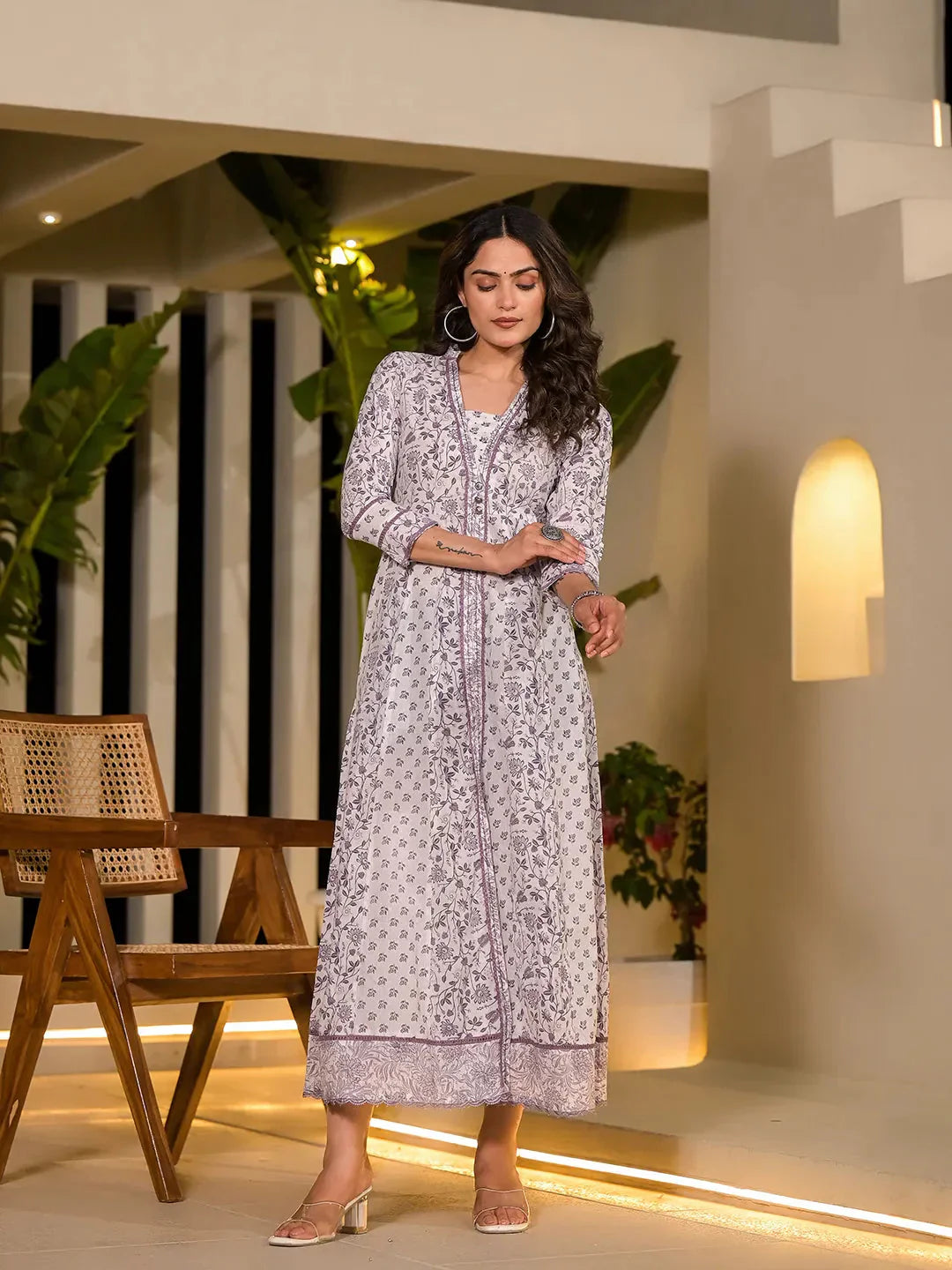 Yufta Purple Floral Print Kantha Work A-Line Dress