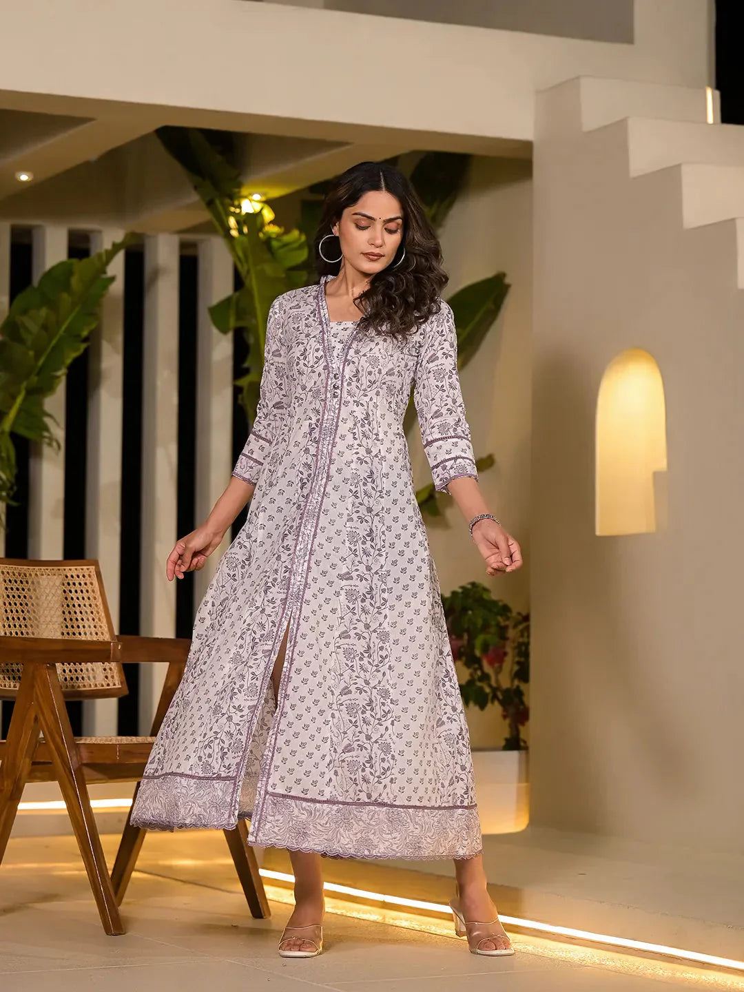 Yufta Purple Floral Print Kantha Work A-Line Dress
