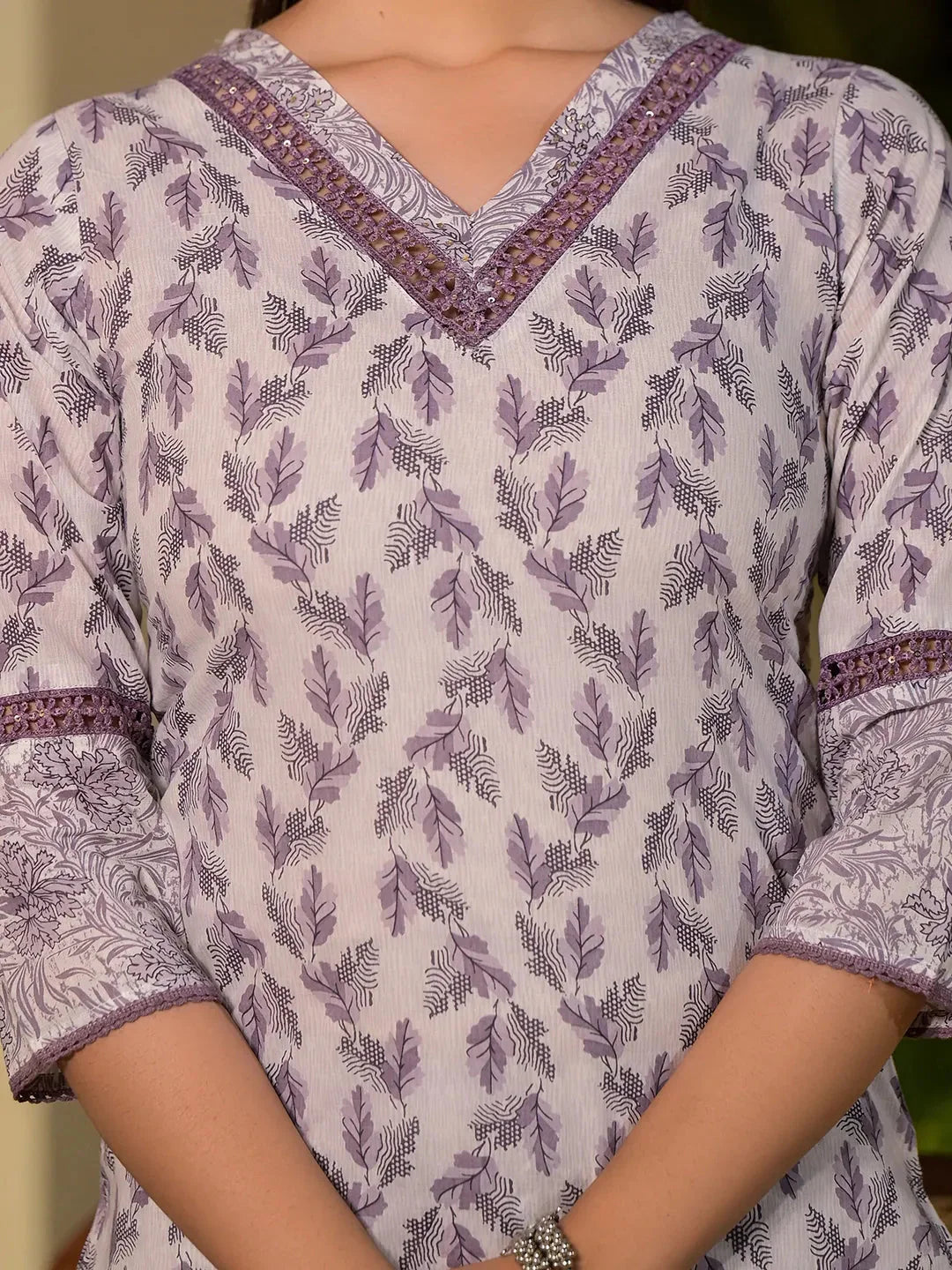 Yufta Purple Leaf Print Cotton Straight Kurta With Trousers And Dupatta Set