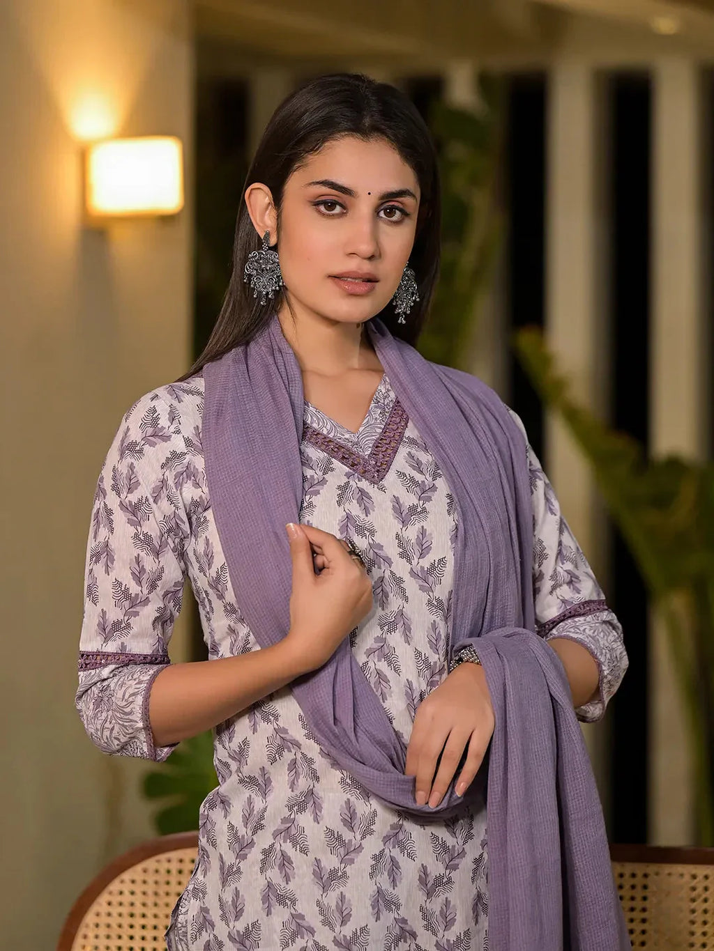Yufta Purple Leaf Print Cotton Straight Kurta With Trousers And Dupatta Set