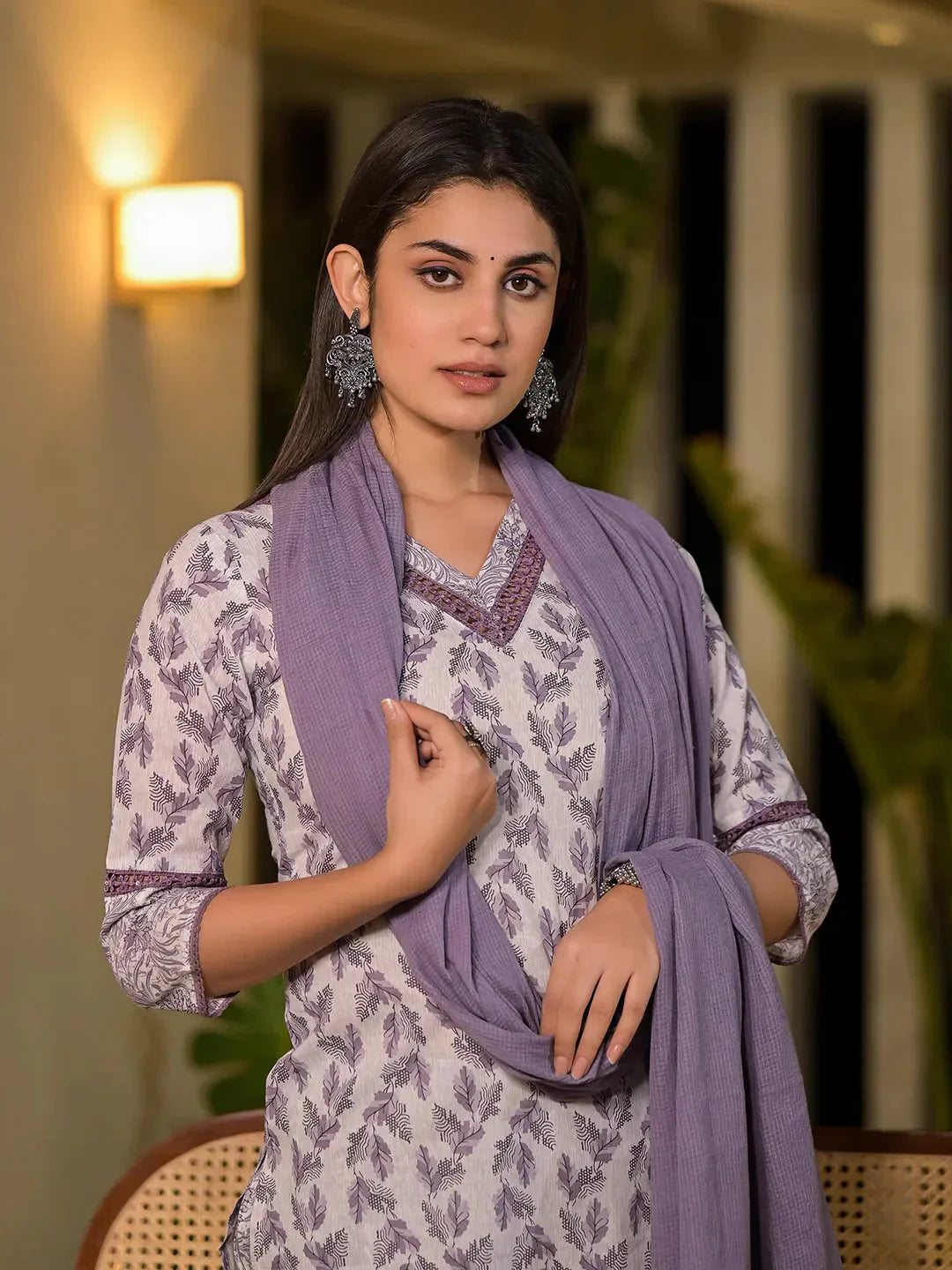 Yufta Purple Leaf Print Cotton Straight Kurta With Trousers And Dupatta Set