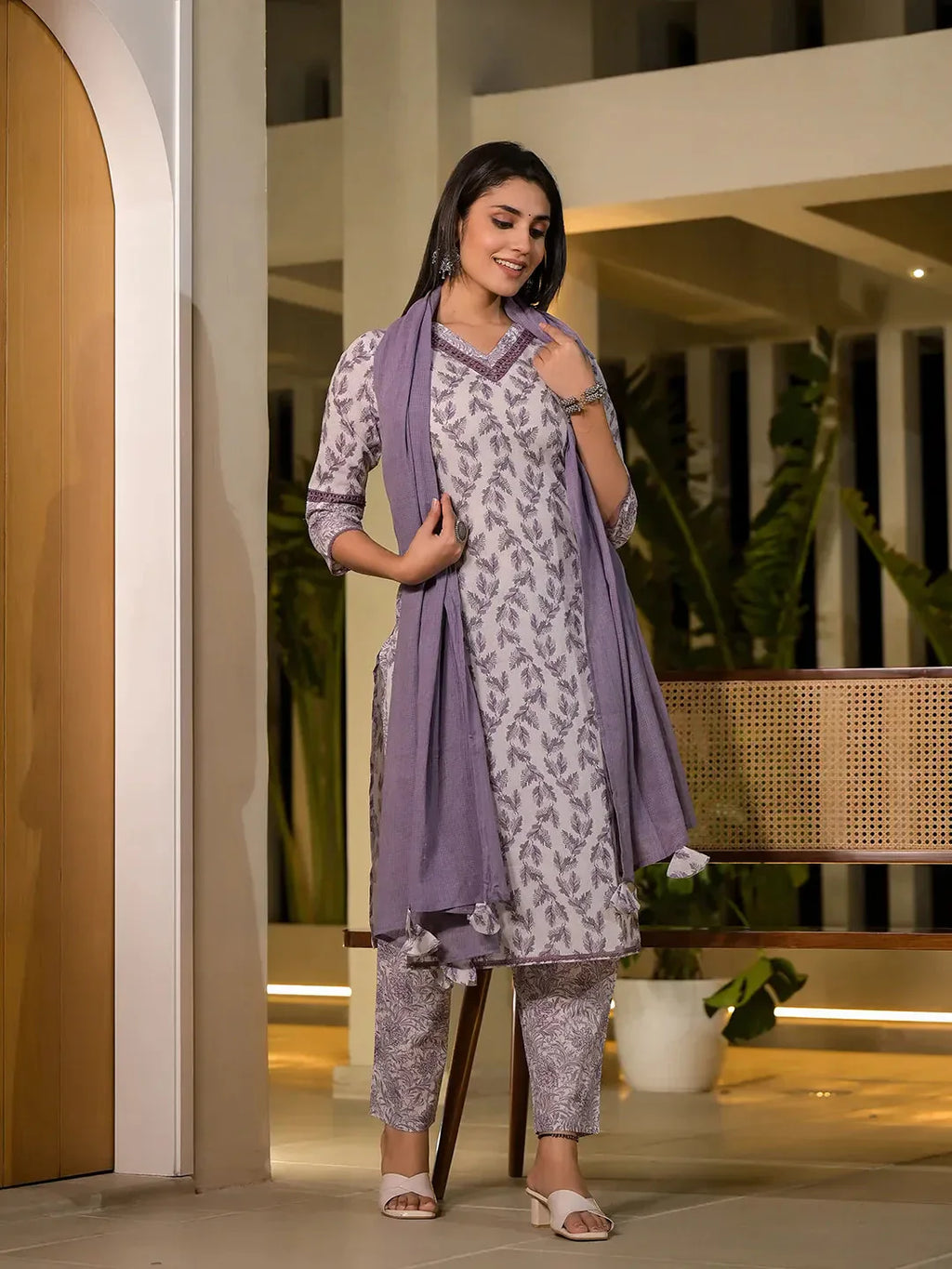 Yufta Purple Leaf Print Cotton Straight Kurta With Trousers And Dupatta Set