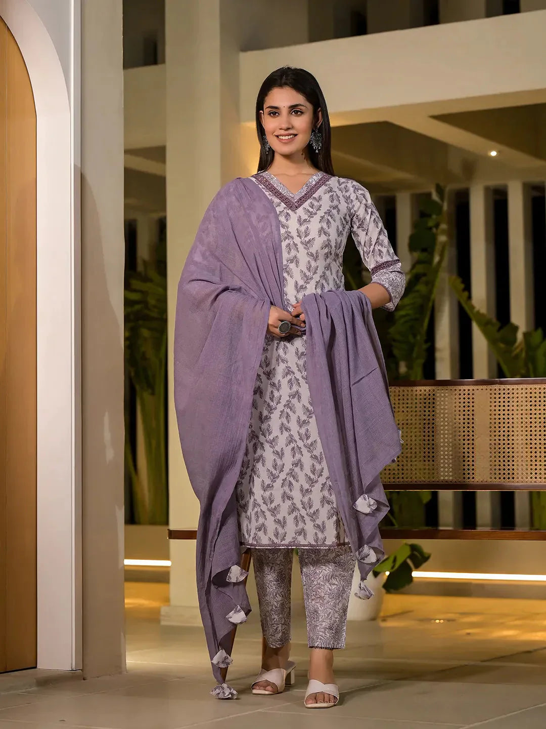 Yufta Purple Leaf Print Cotton Straight Kurta With Trousers And Dupatta Set