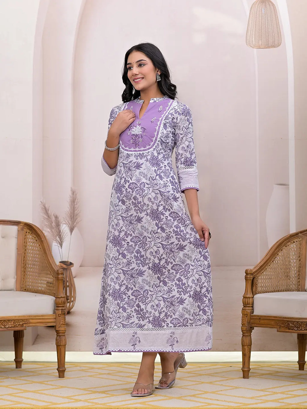 Yufta Purple Resham_Embroidery Cotton A-Liine Dress