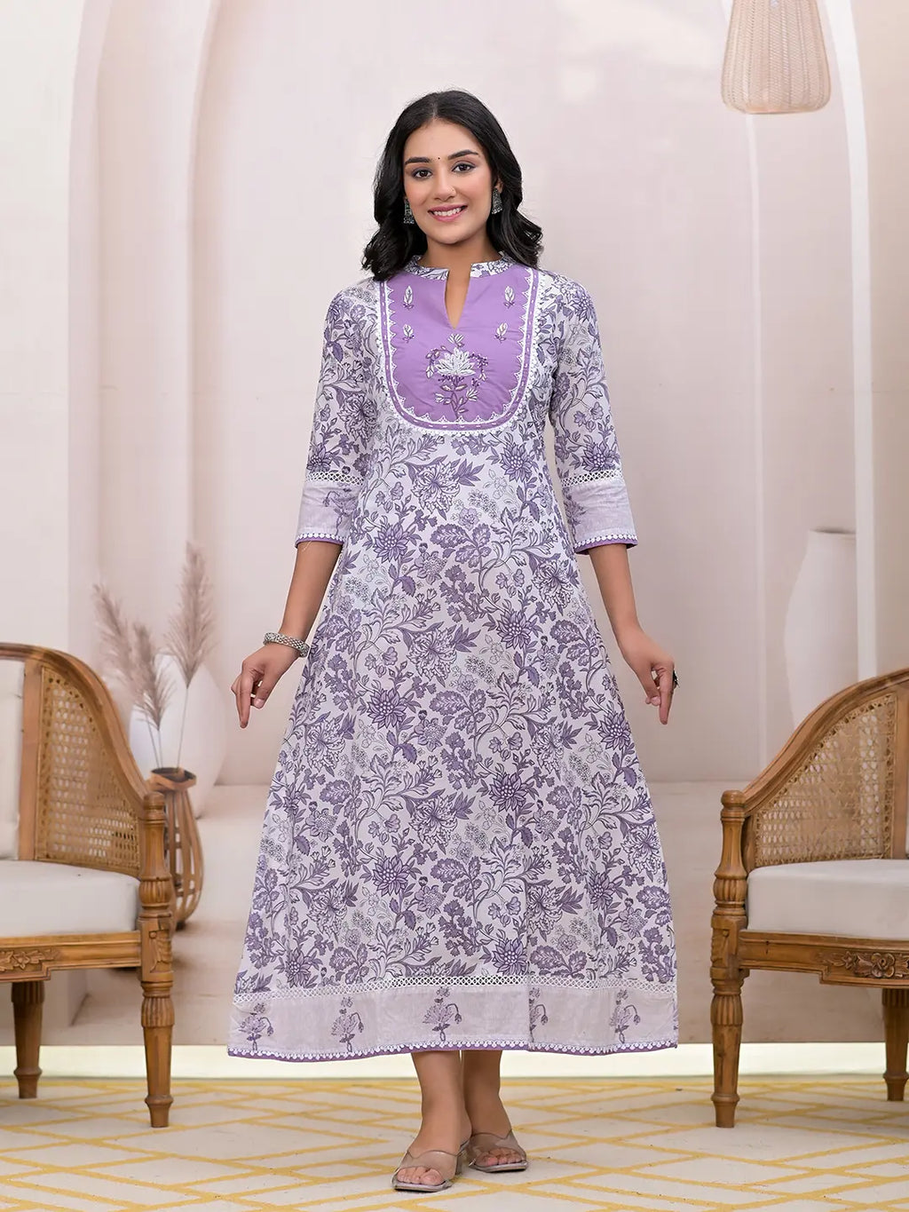 Yufta Purple Resham_Embroidery Cotton A-Liine Dress