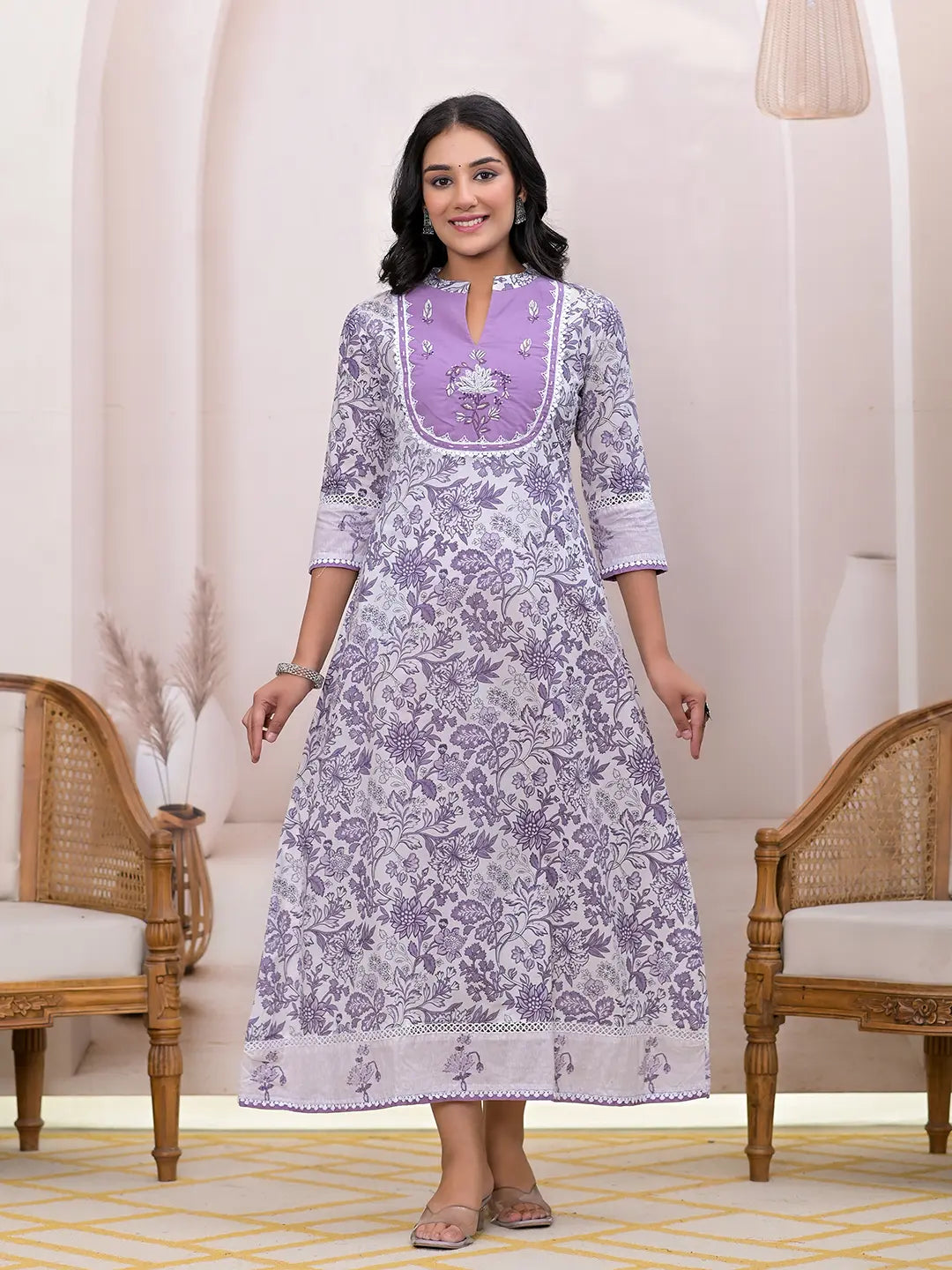 Yufta Purple Resham_Embroidery Cotton A-Liine Dress