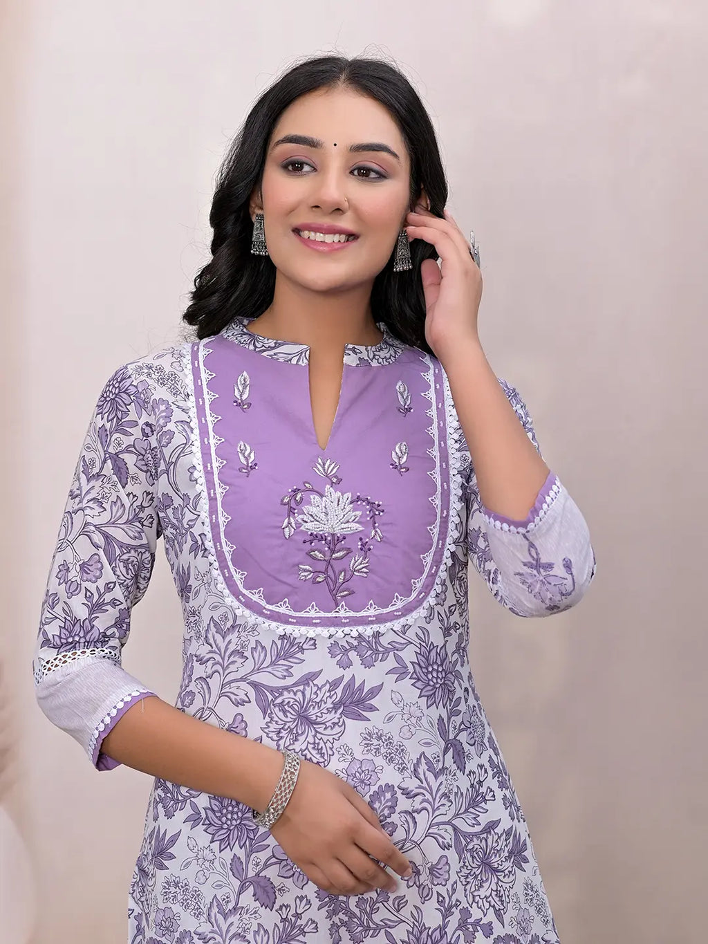 Yufta Purple Resham_Embroidery Cotton A-Liine Dress