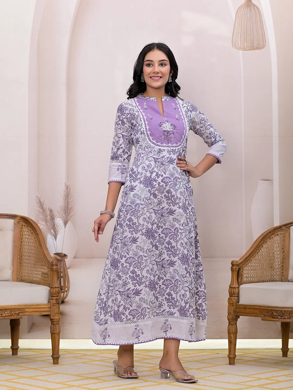 Yufta Purple Resham_Embroidery Cotton A-Liine Dress