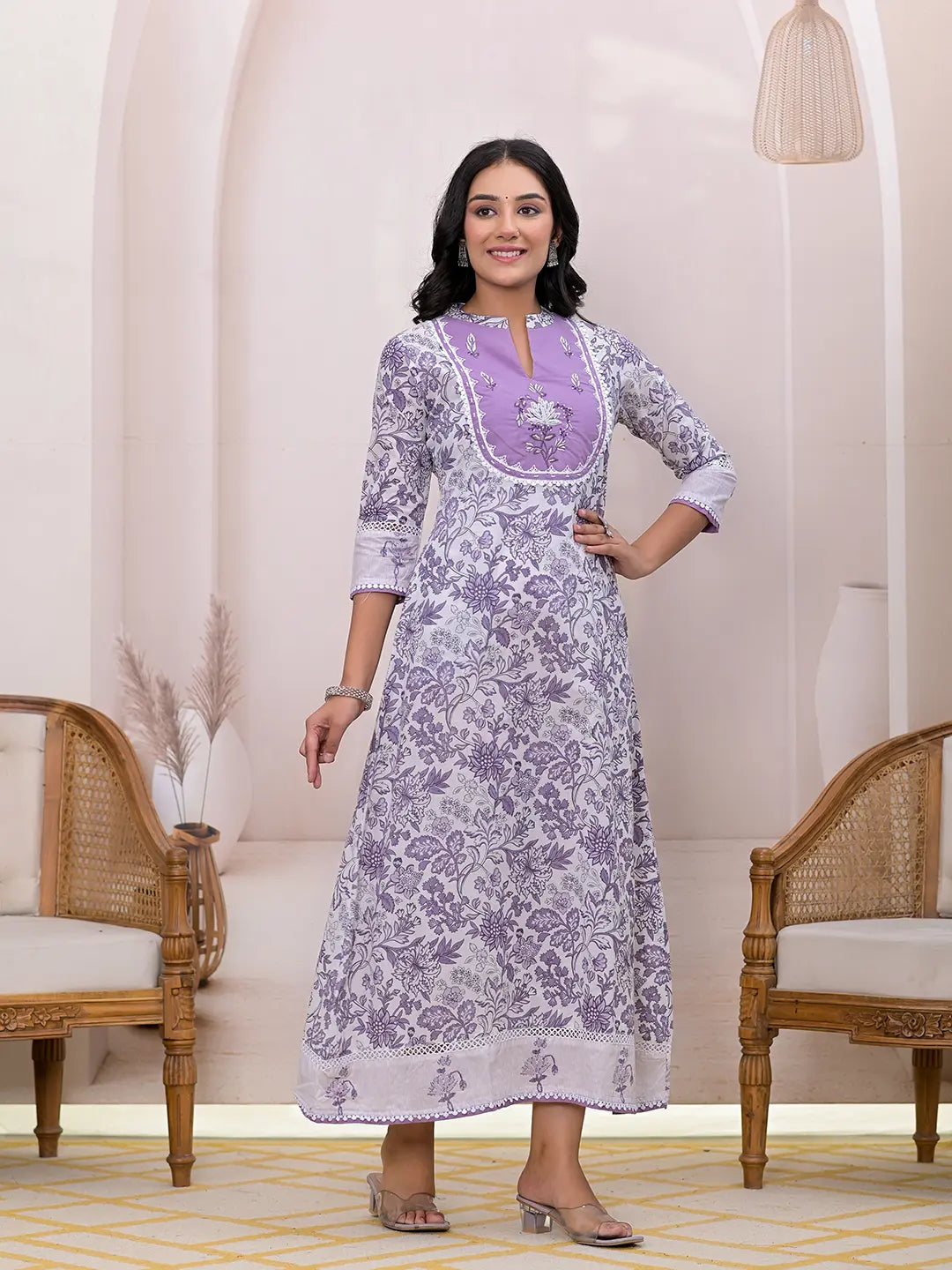 Yufta Purple Resham_Embroidery Cotton A-Liine Dress
