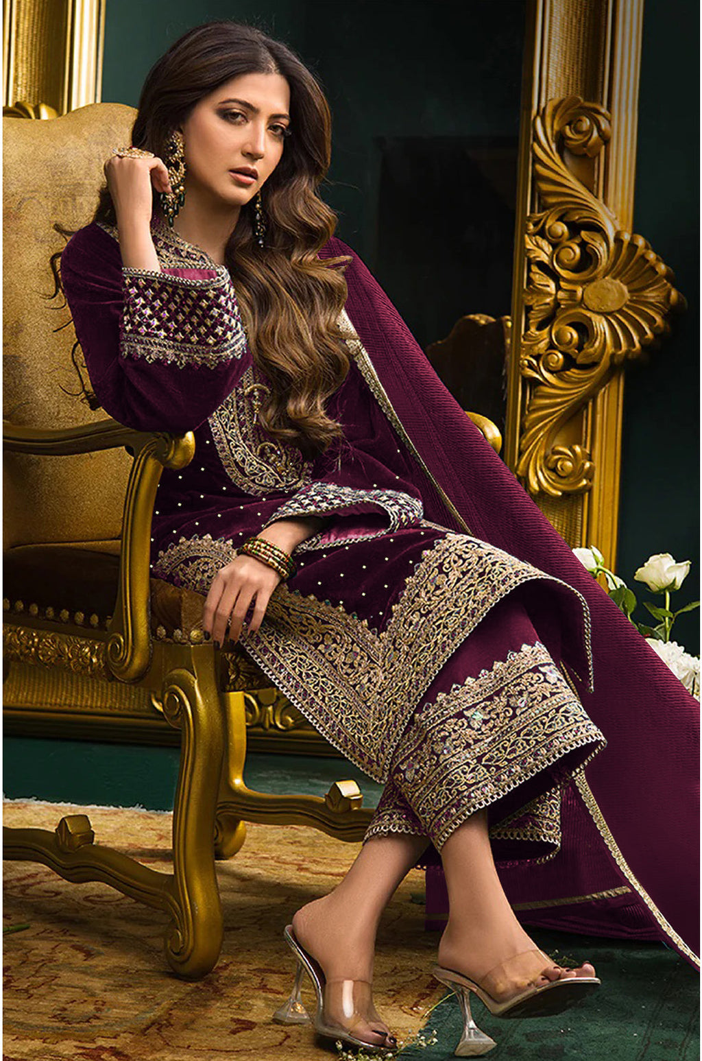 Lorenvalley Fashion Women Purple Velvet Embroidered Salwar Suit Material