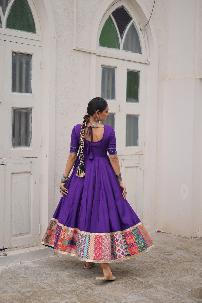 Lorenvalley Fashion Purple Roman Silk with Thread with mirror work & Maslin Crochet Print Work Gown