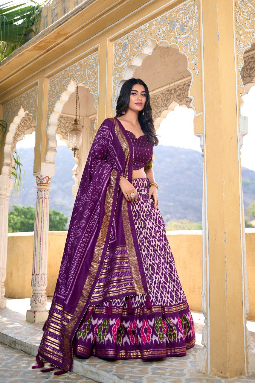 Lorenvalley Purple Tussar Silk Ikkat Print With Foil Work Lehenga Choli with Dupatta