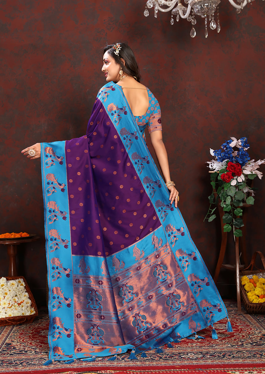 Lorenvalley Fashion Purple Soft Paithani Silk Woven Design Rich Zari Meenakari Weaving Saree